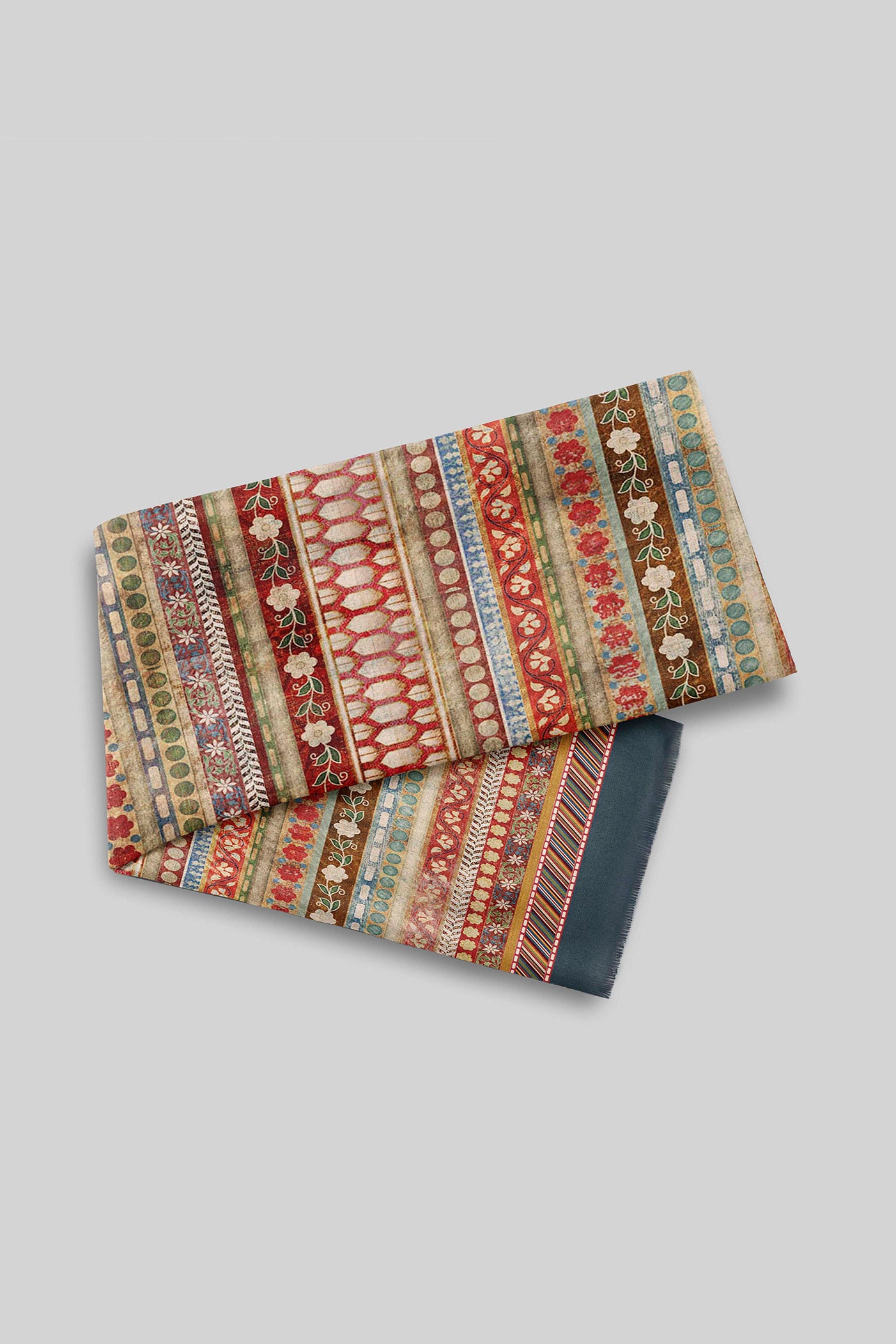 Blue - Multi Hued Striped Printed Woollen Scarf
