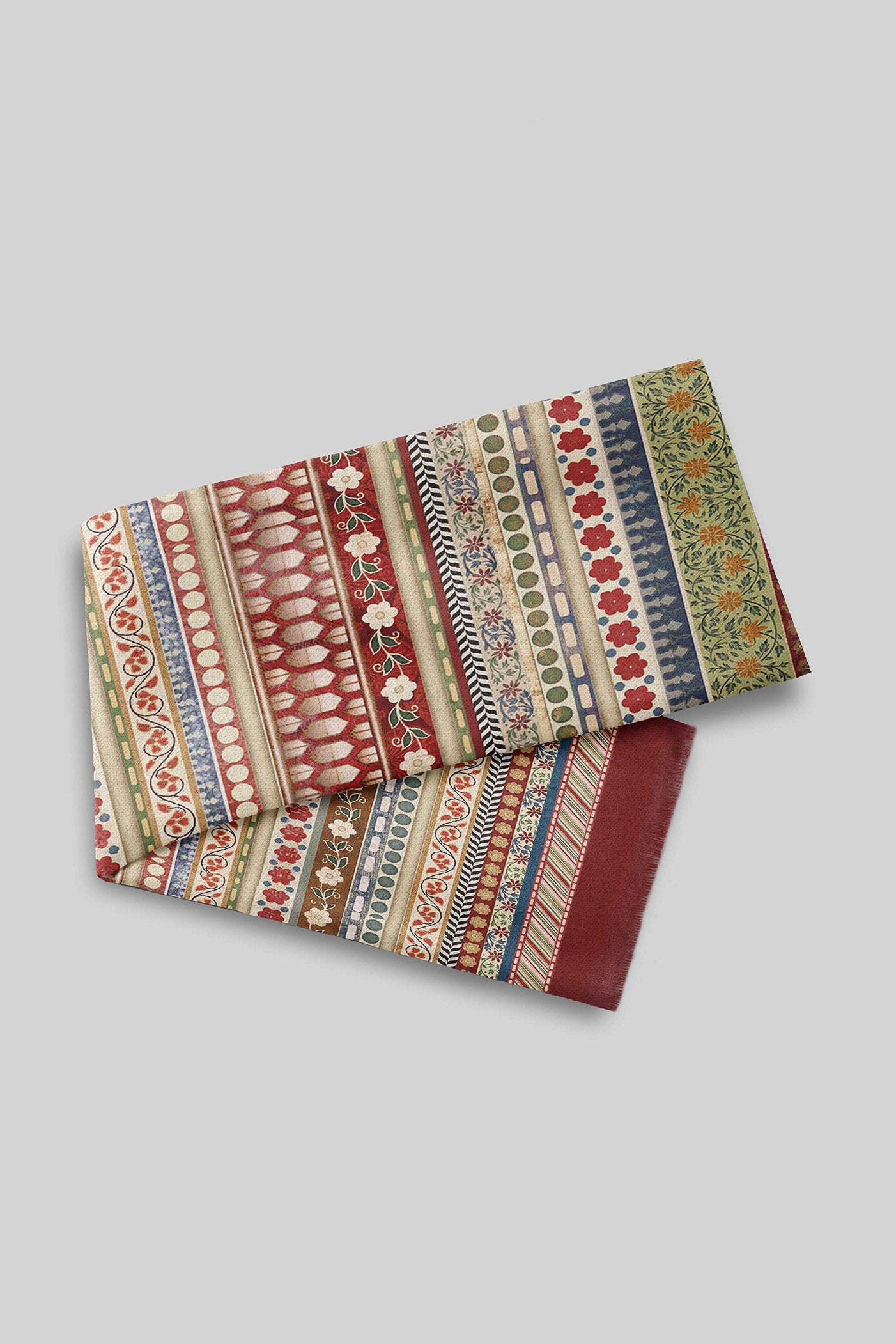 Red - Multi Hued Striped Printed Woollen Scarf