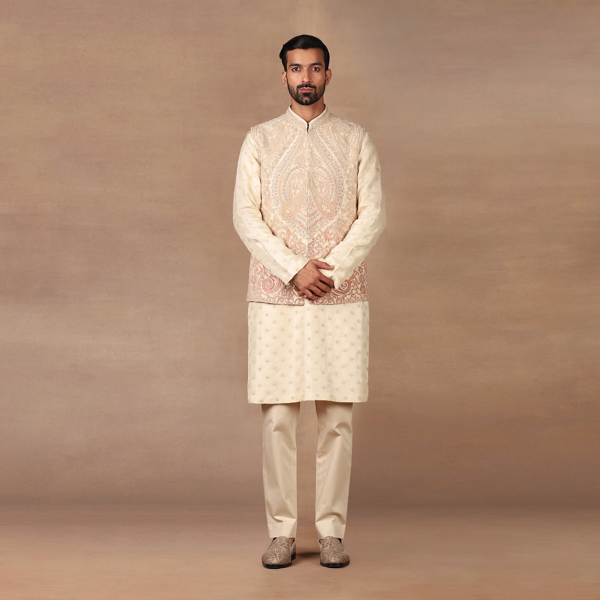 Blush Pink - Ivory Ombre Nehru Jacket Set | MURAQQA