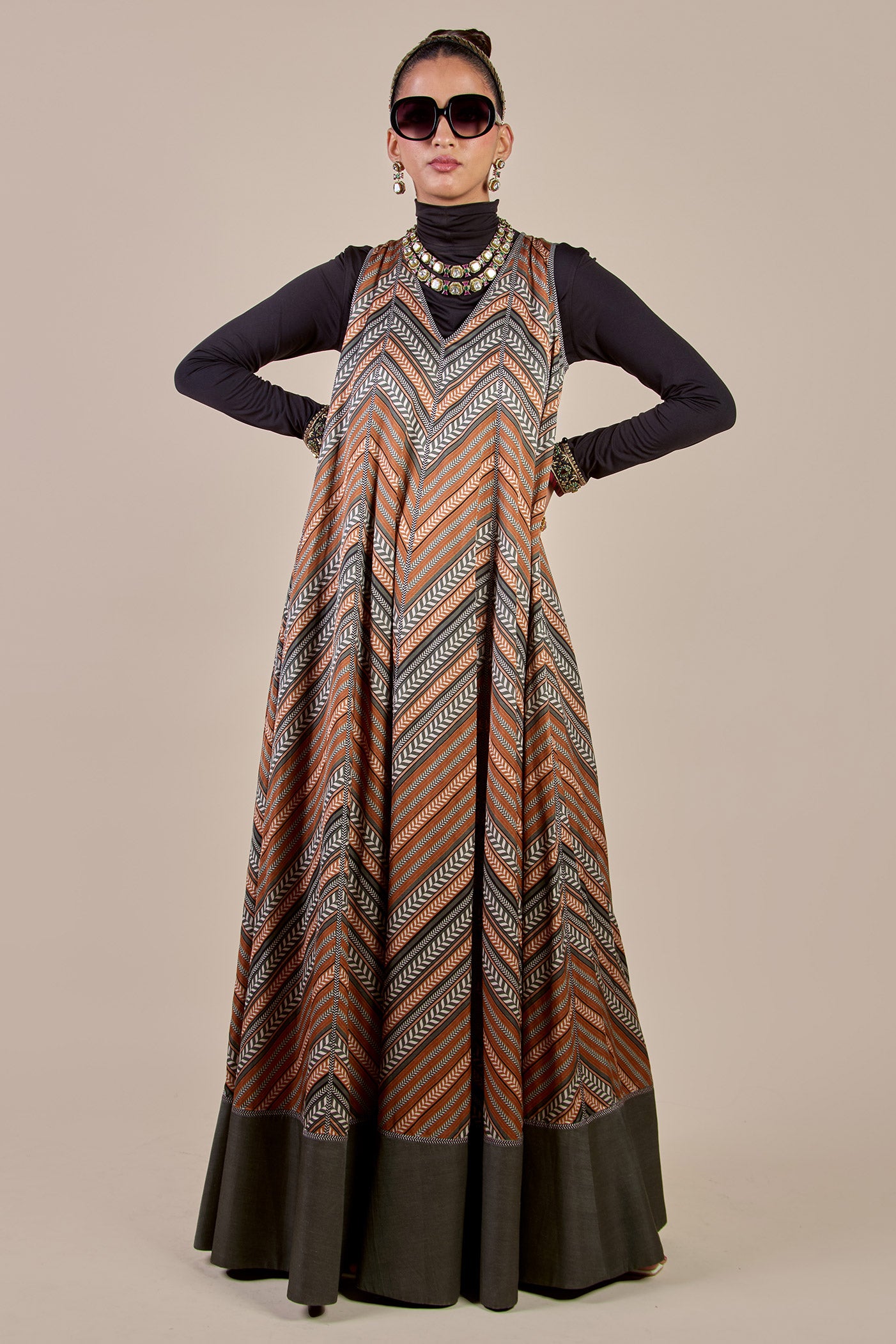 Rust Orange - Sage Green Chevron Anarkali Set | CHHĒ
