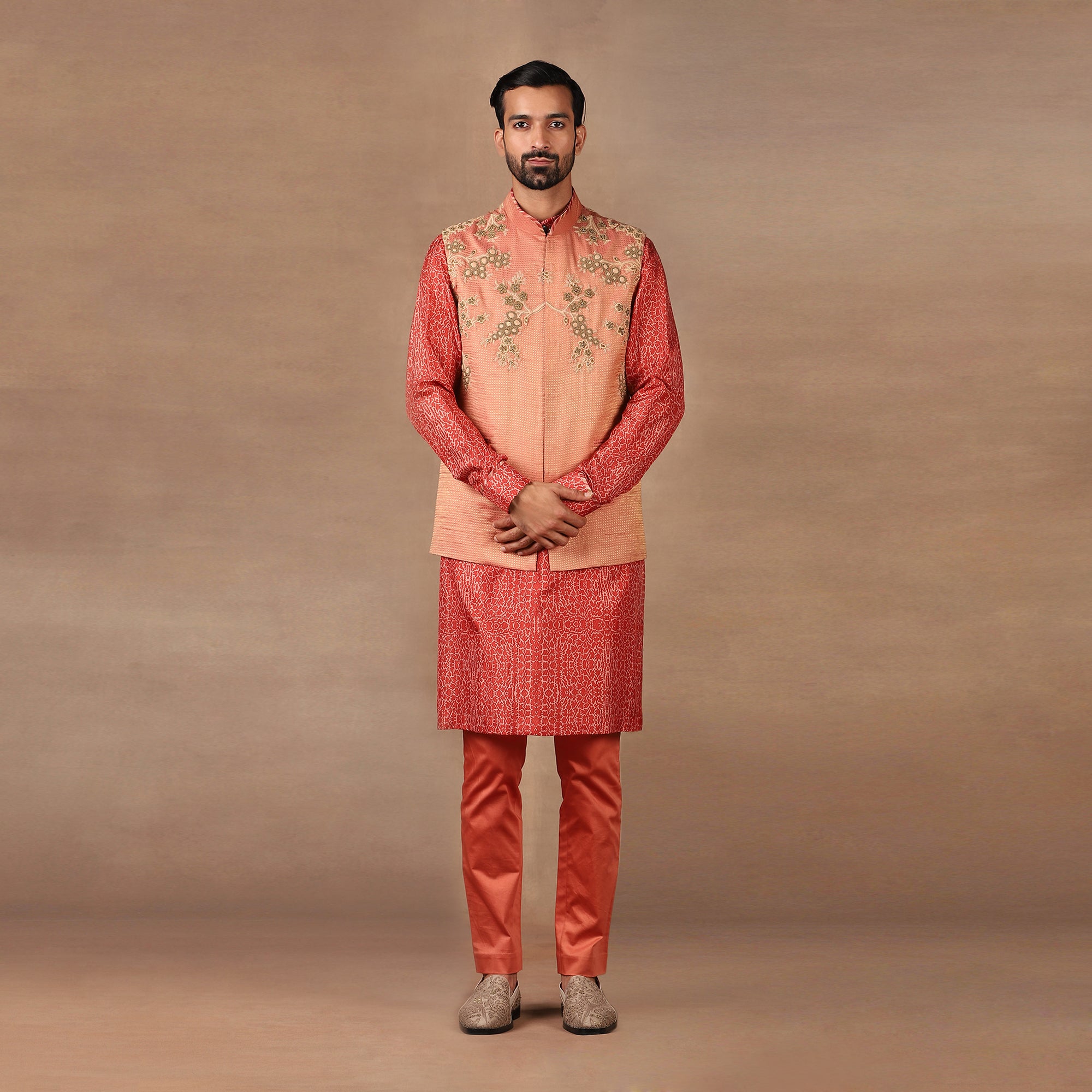 Coral Peach Nehru Jacket Sets | MURAQQA