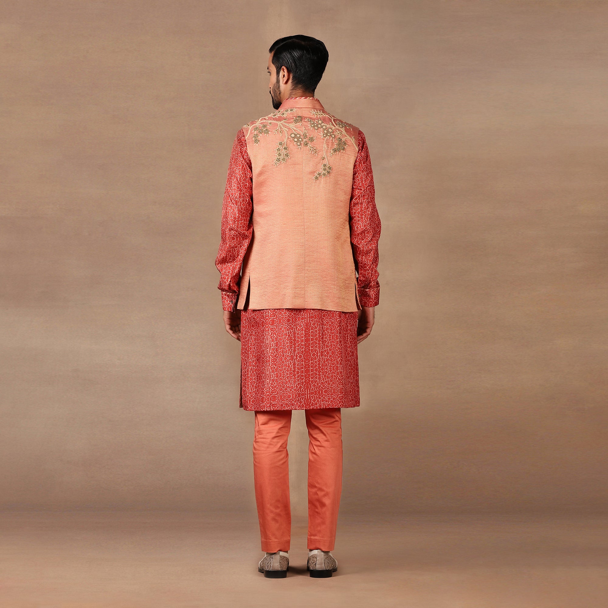 Coral Peach Nehru Jacket Sets | MURAQQA