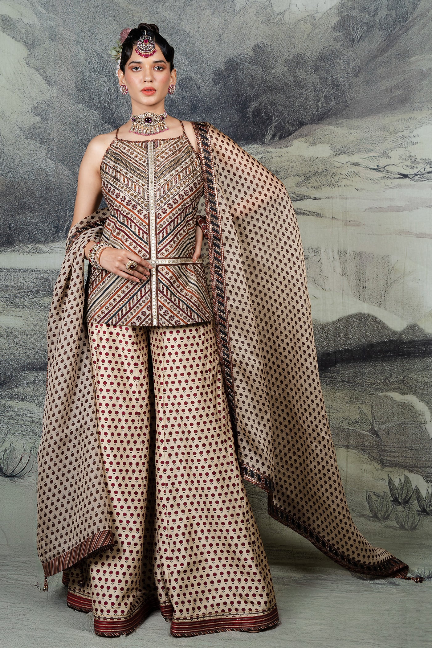 Crème Ivory - Red Sharara Set | BARODA