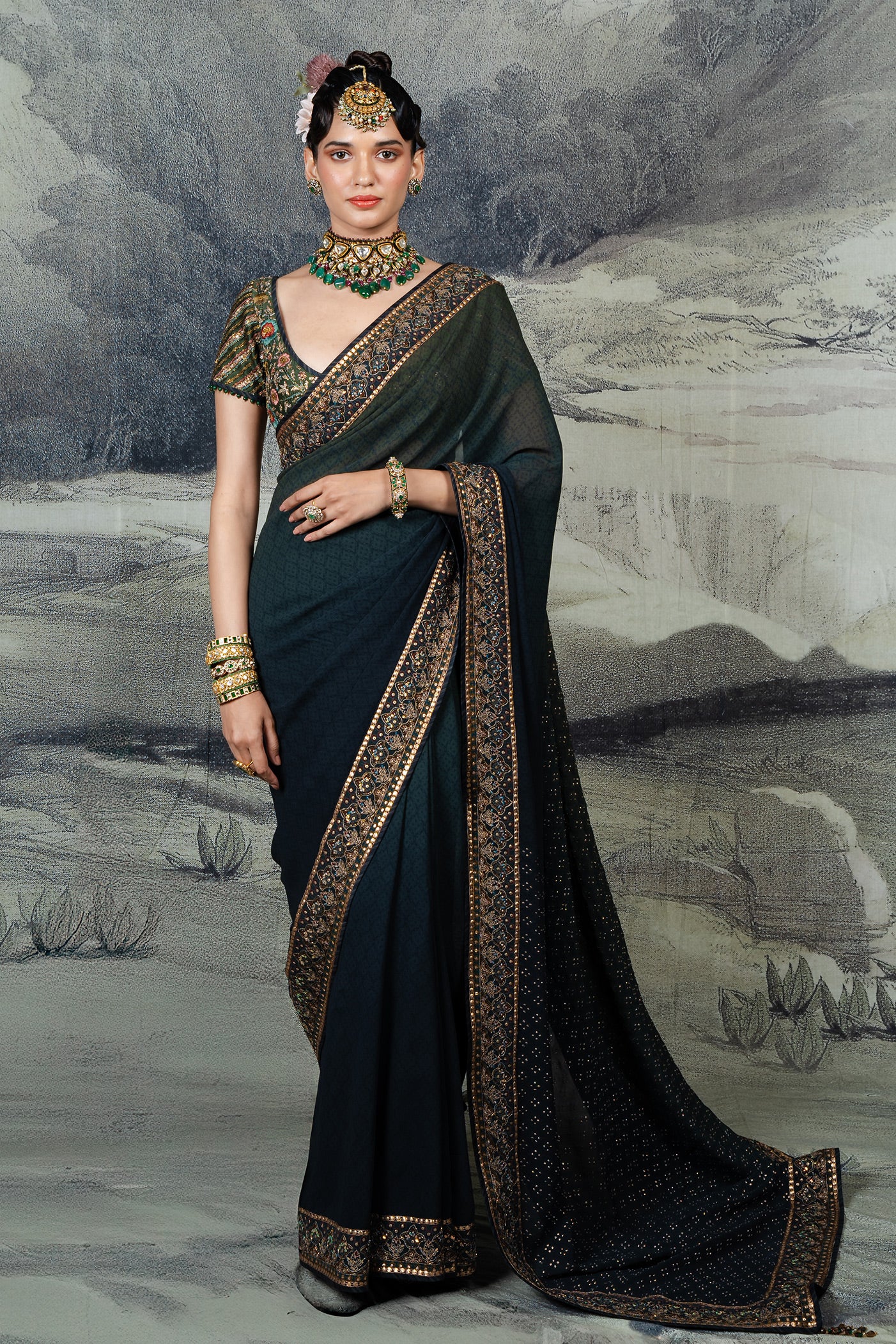 Emerald - Purssian Blue Ombre Saree Set | BARODA