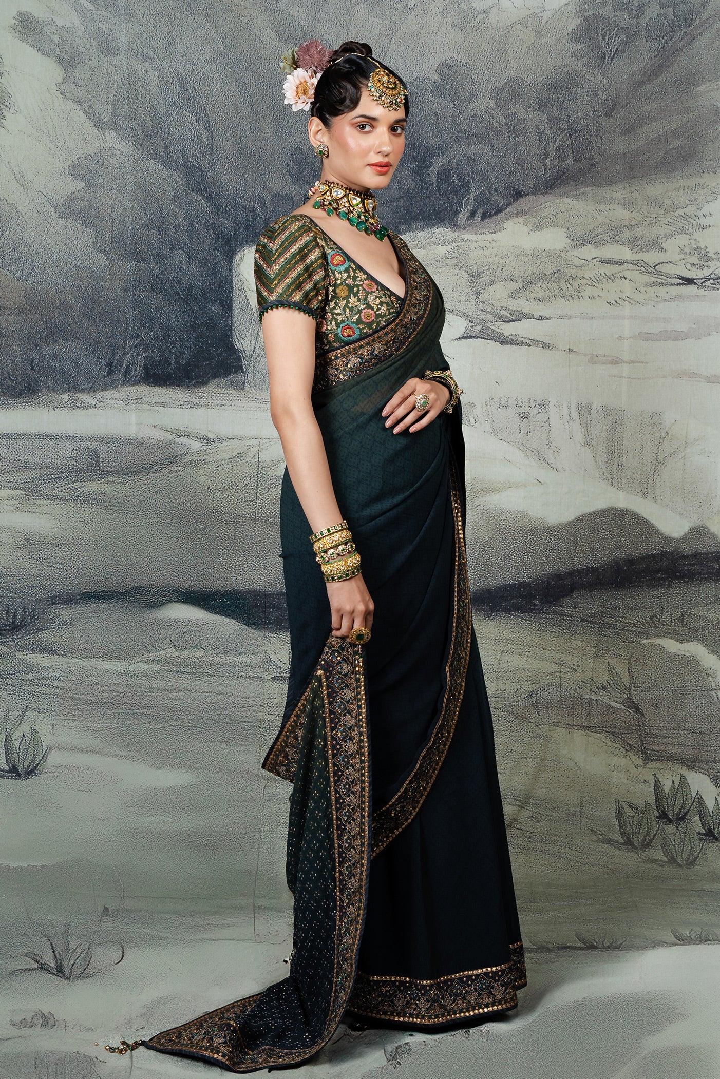 Emerald - Purssian Blue Ombre Saree Set | BARODA
