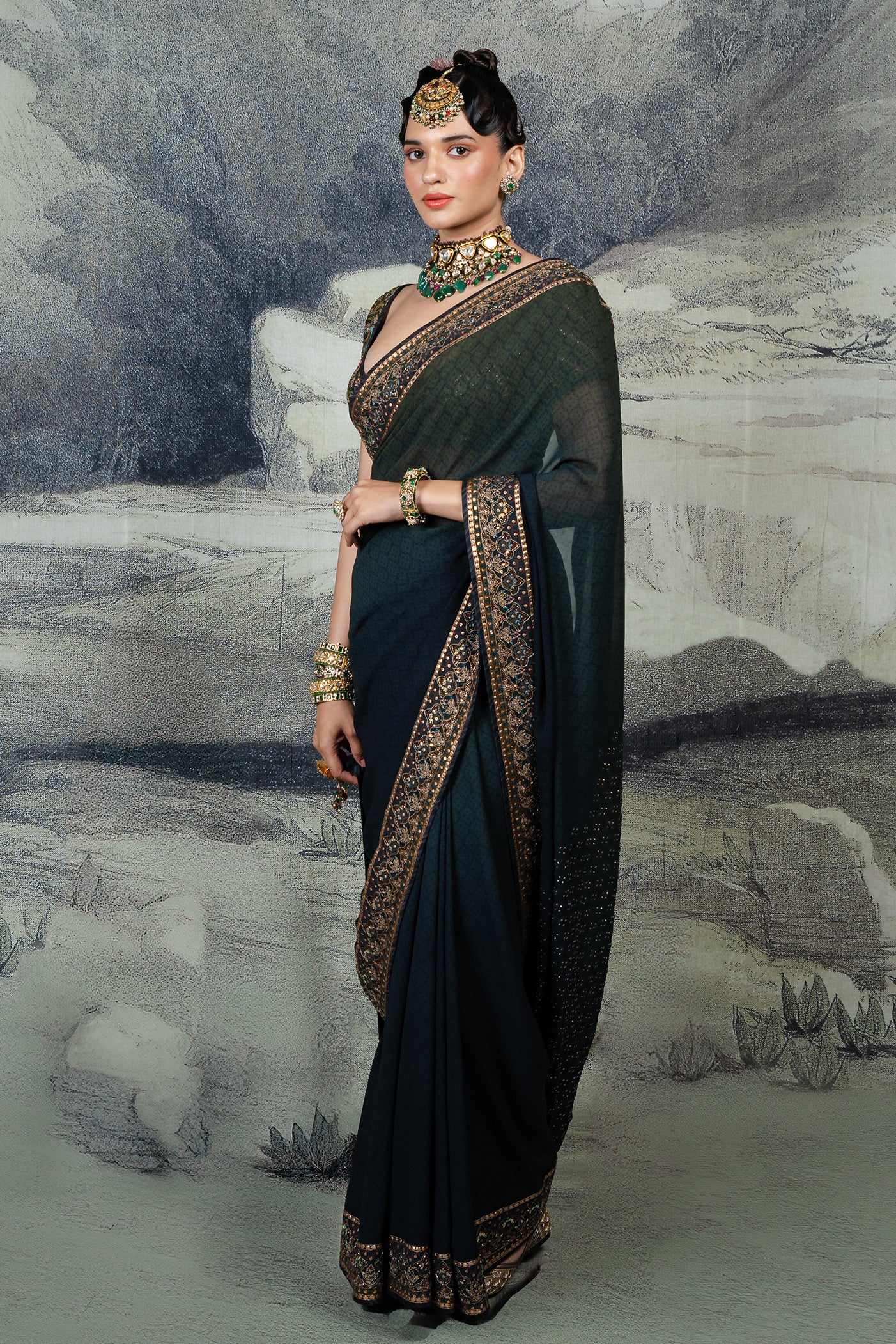 Emerald - Purssian Blue Ombre Saree Set | BARODA