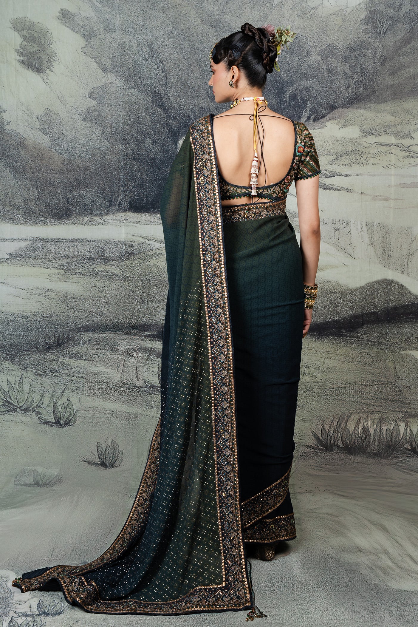 Emerald - Purssian Blue Ombre Saree Set | BARODA