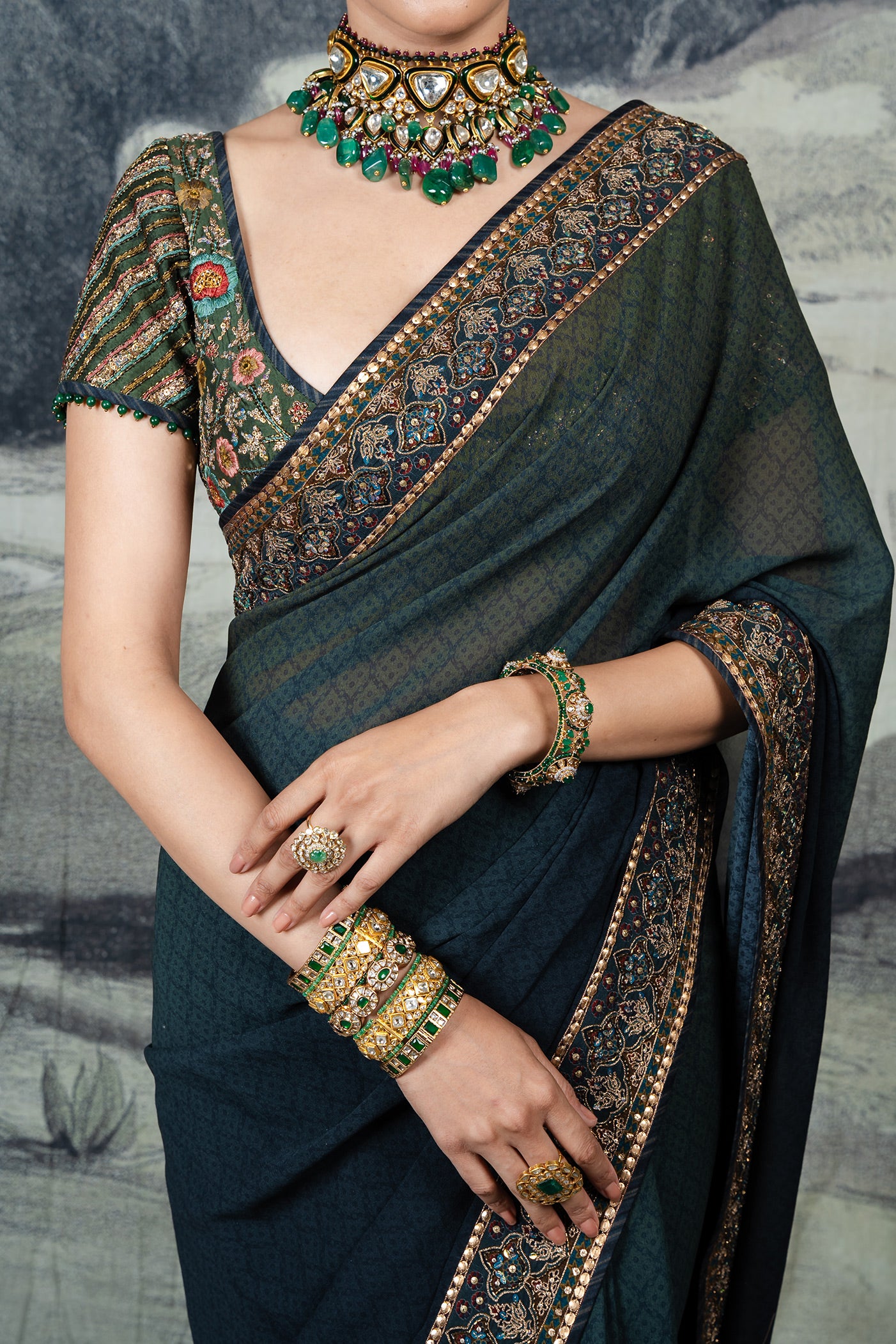 Emerald - Purssian Blue Ombre Saree Set | BARODA