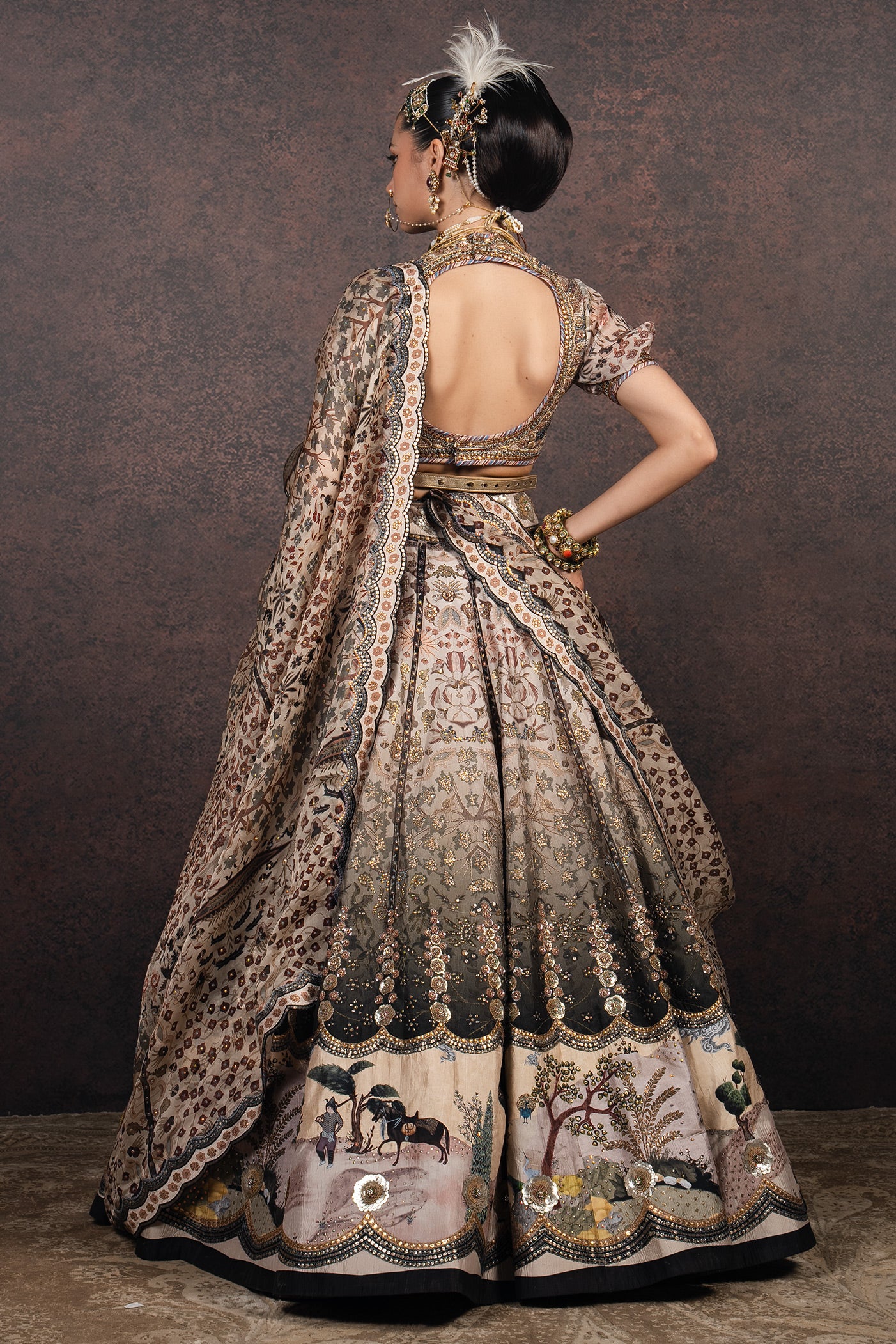 Ivory - Dried Olive Ombre Lehenga Set | MURAQQA