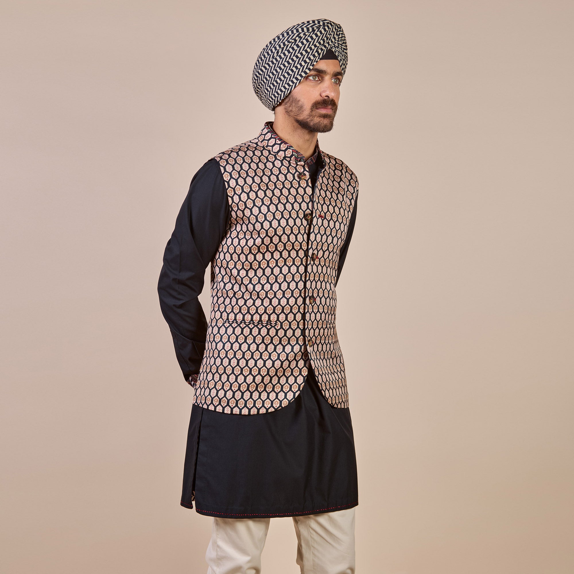 Ivory - Navy Blue Nehru Jacket | CHHĒ