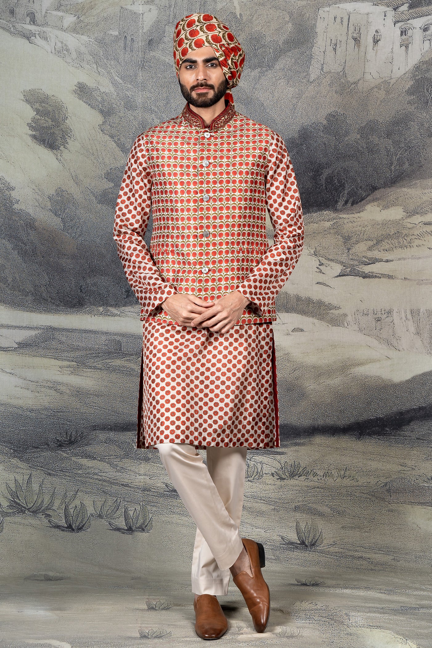 Ivory - Red Nehru Jacket Set | BARODA