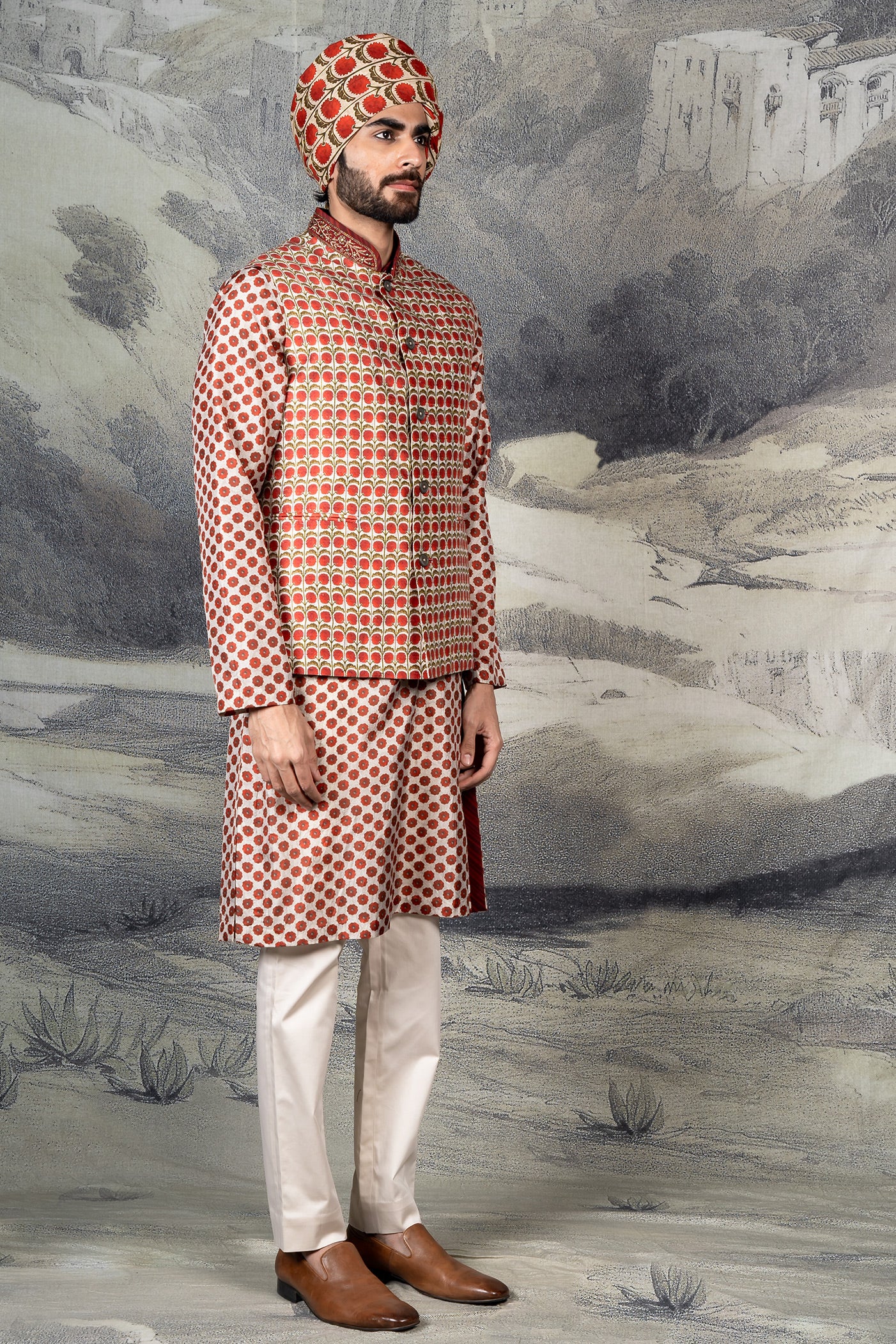 Ivory - Red Nehru Jacket Set | BARODA
