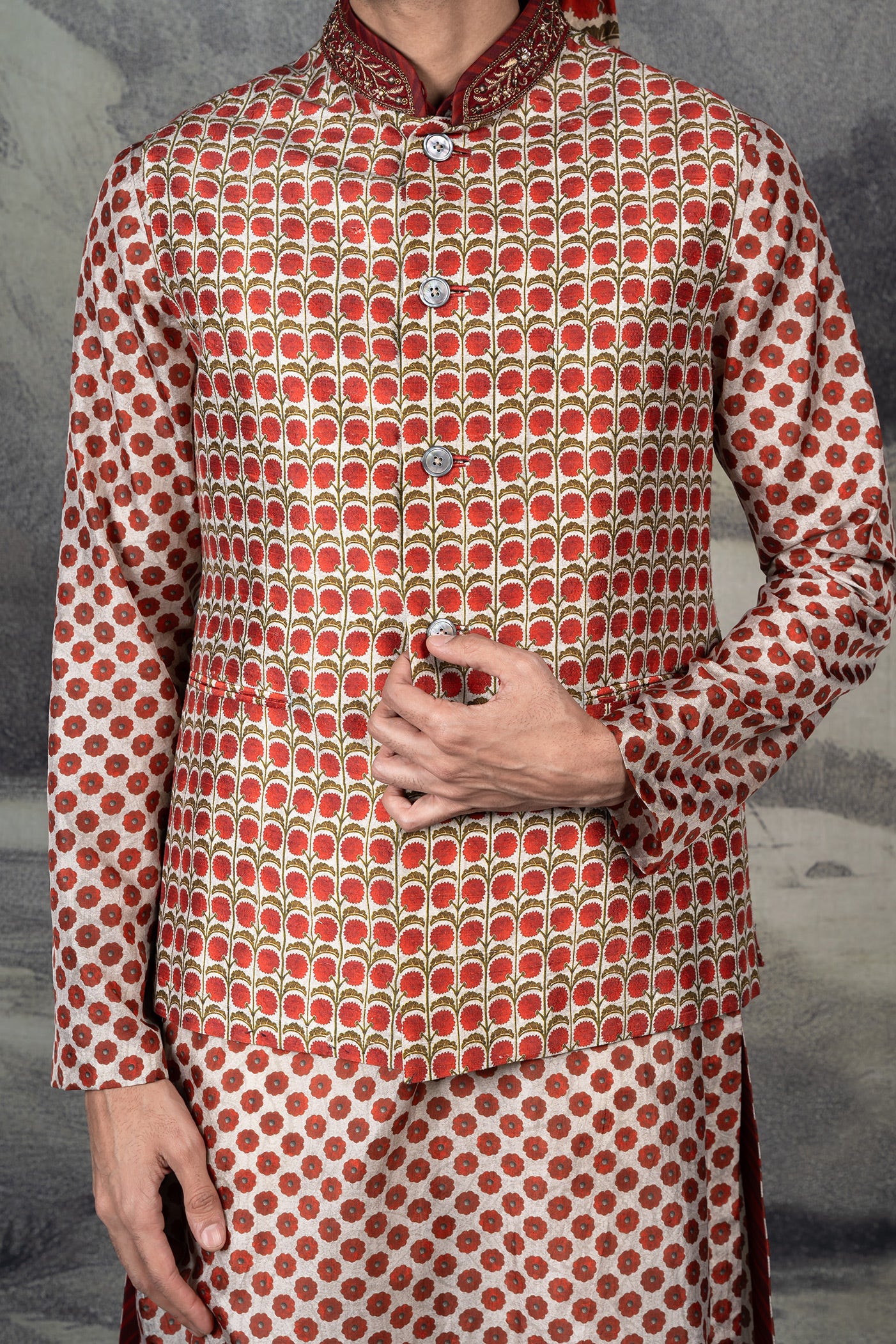 Ivory - Red Nehru Jacket Set | BARODA