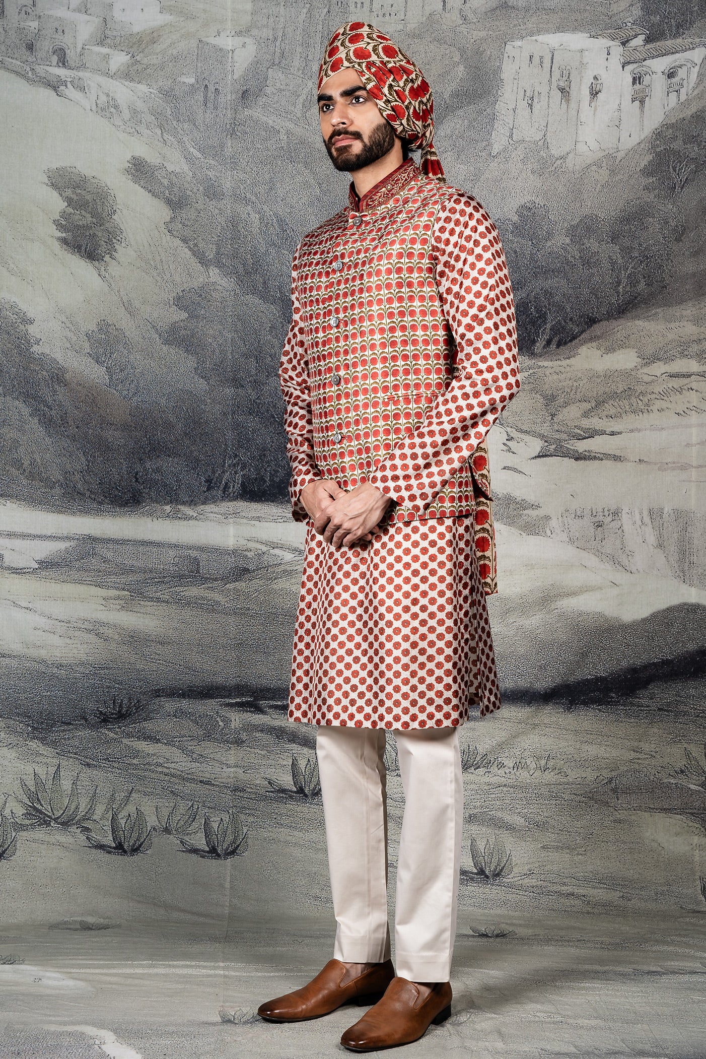 Ivory - Red Nehru Jacket Set | BARODA