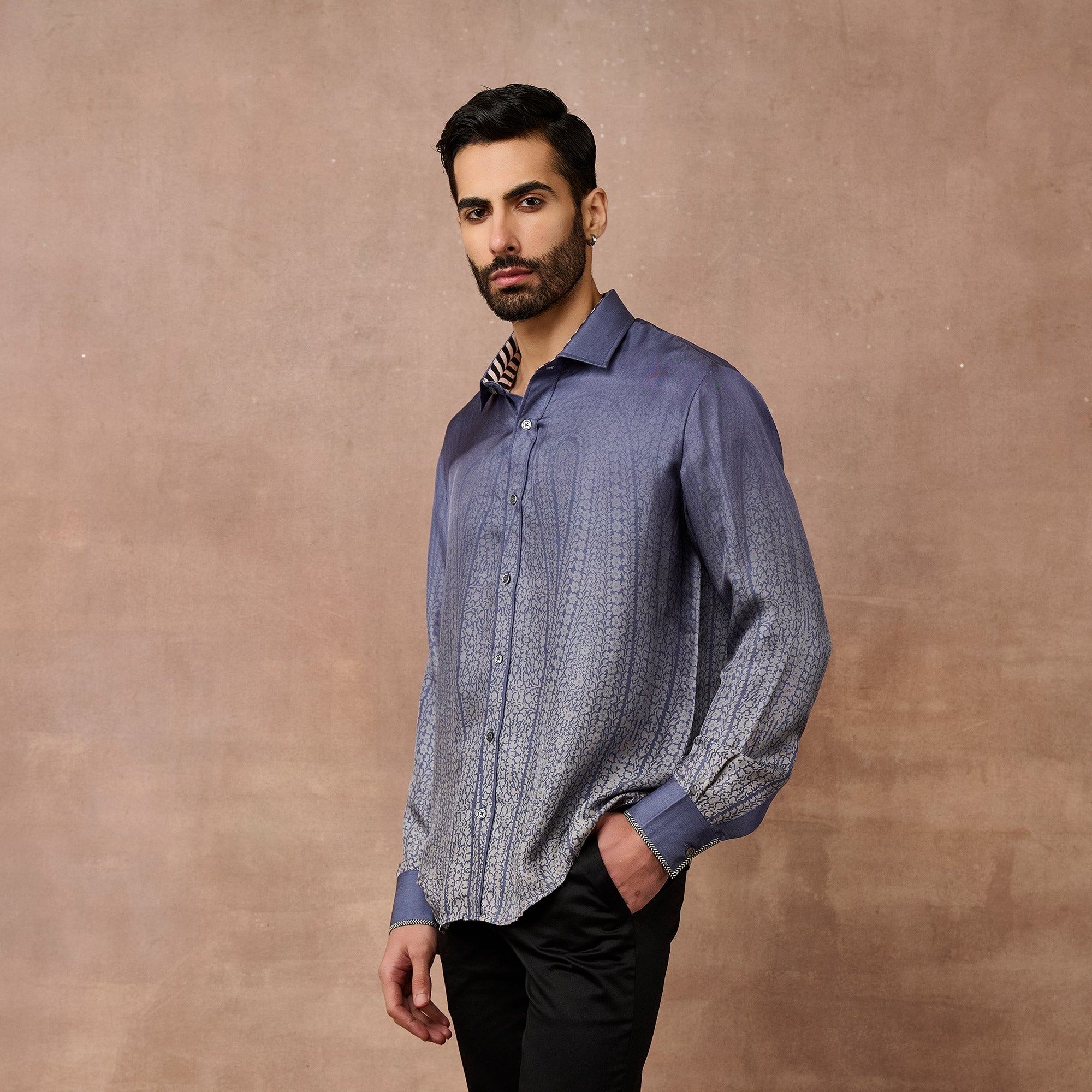 Cobalt Blue Ombre Jamawar Shirt | EAST