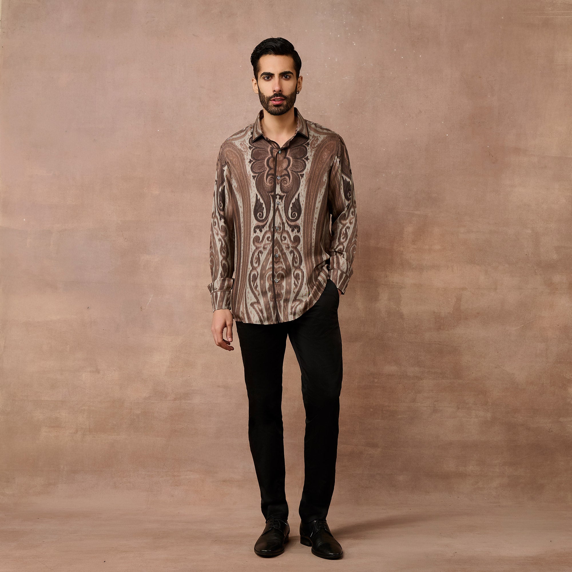 Umber Brown - Grey Jamawar Shirt | EAST