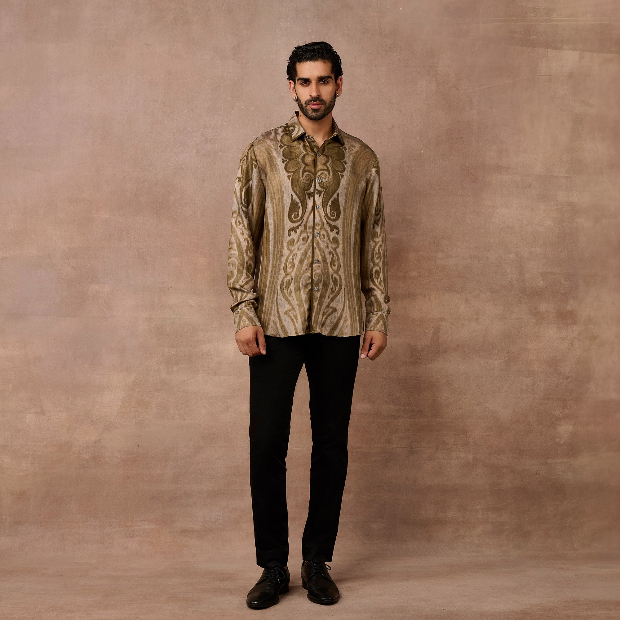 Olive Green - Grey Jamawar Shirt | EAST