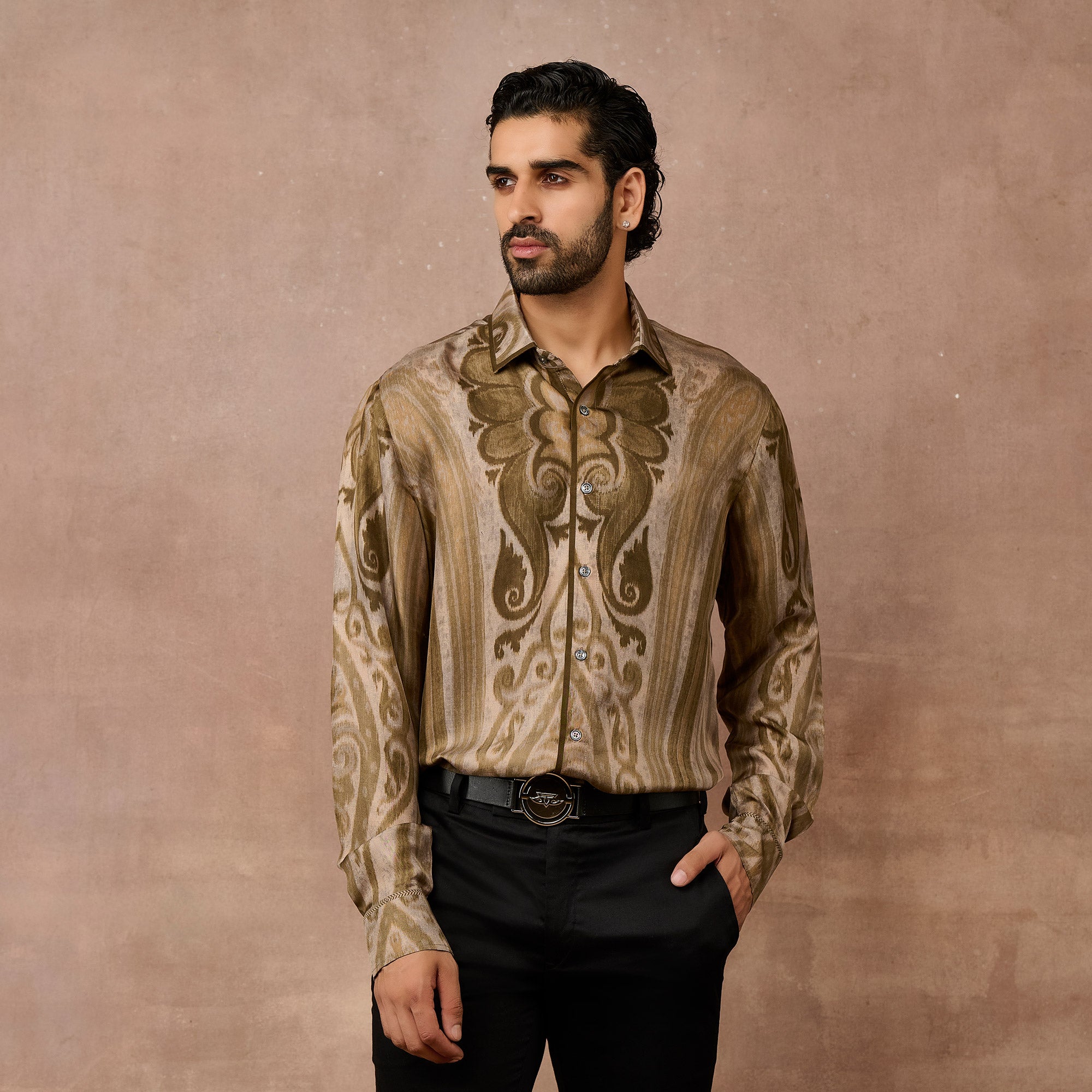 Olive Green - Grey Jamawar Shirt | EAST