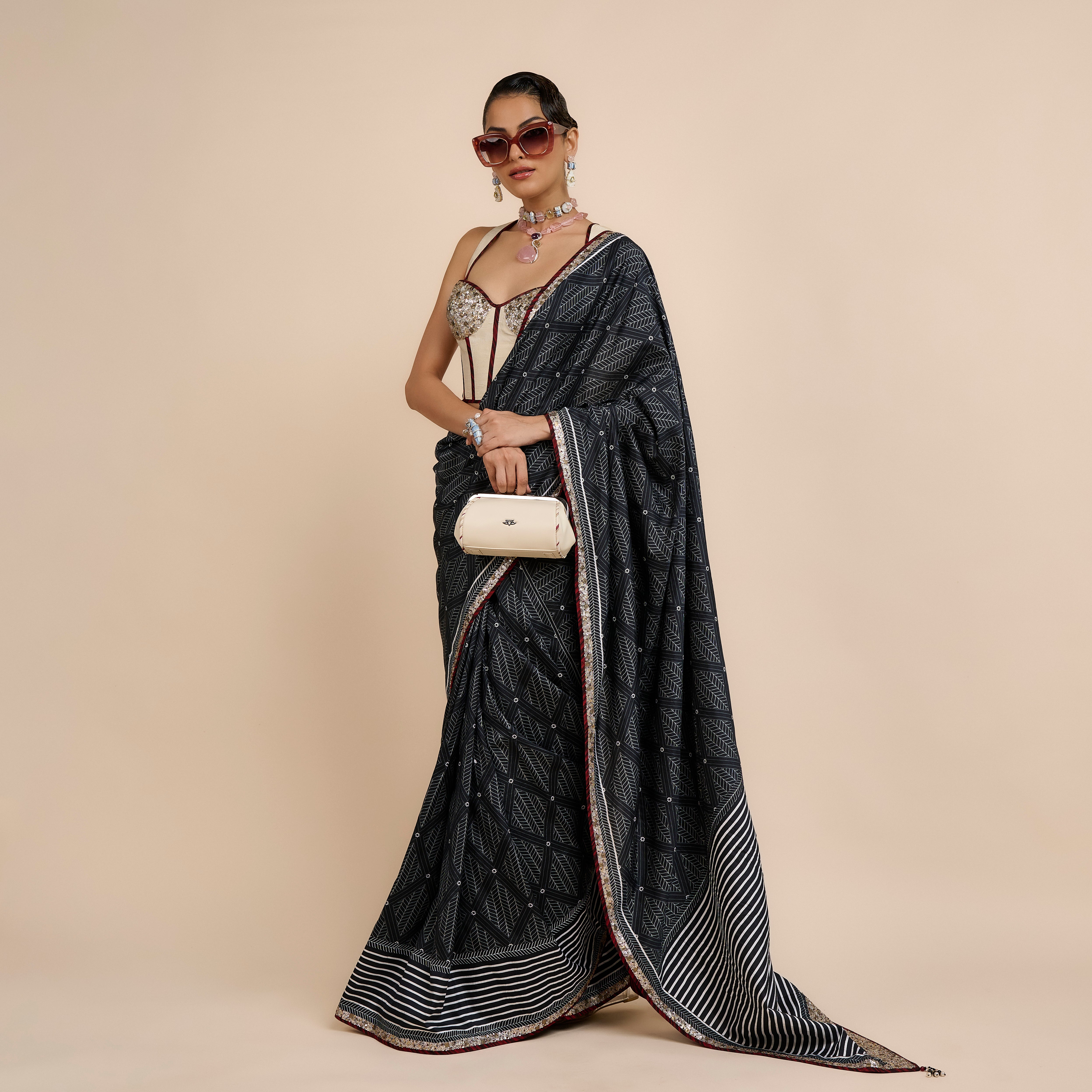 Ivory - Midnight Blue Chevron Saree Set | Nau