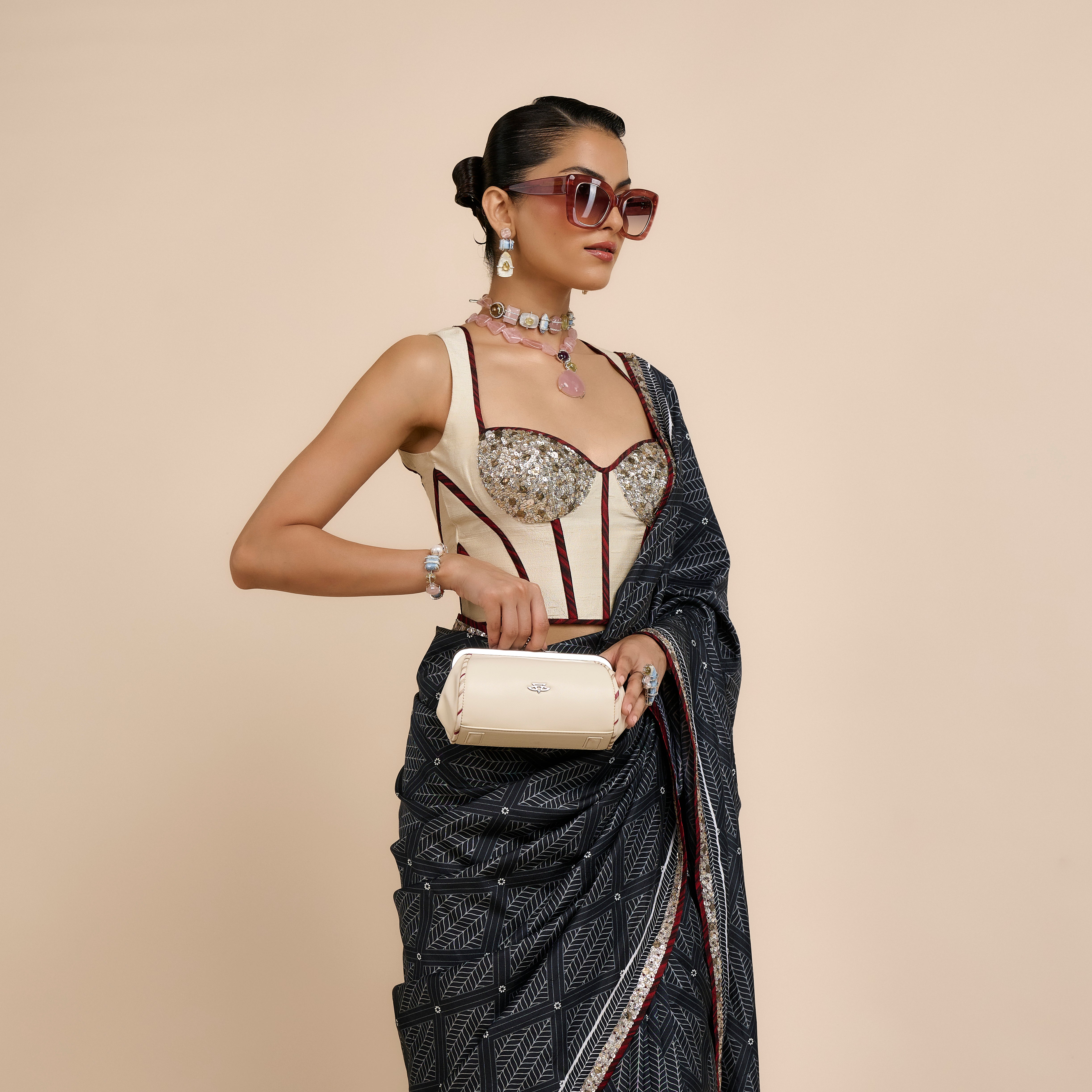 Ivory - Midnight Blue Chevron Saree Set | Nau