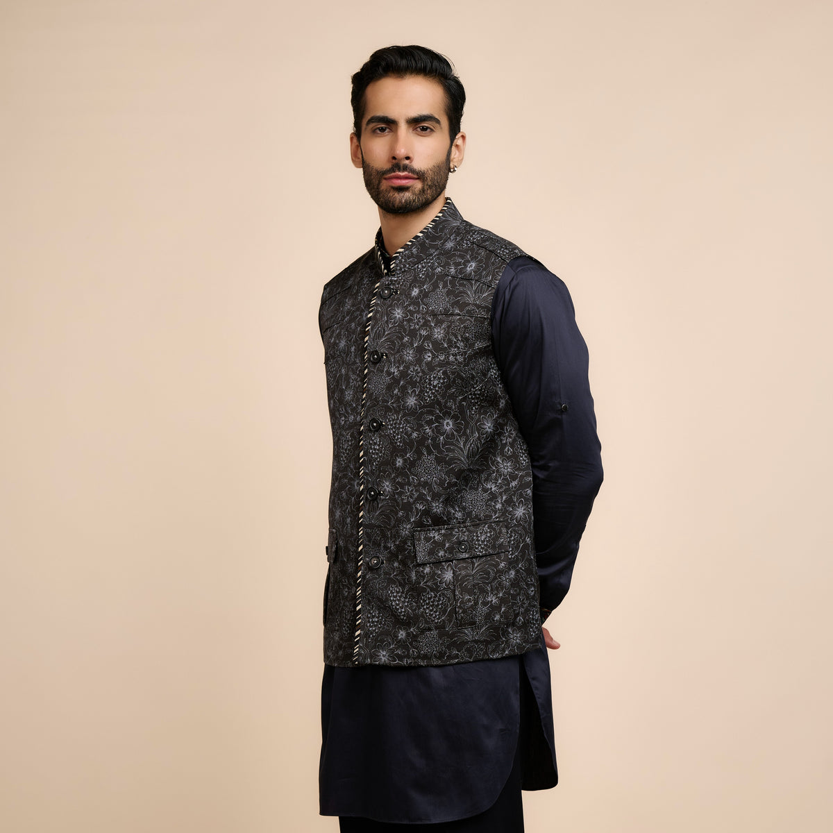 Noir Printed Nehru Jacket | Festive Edit