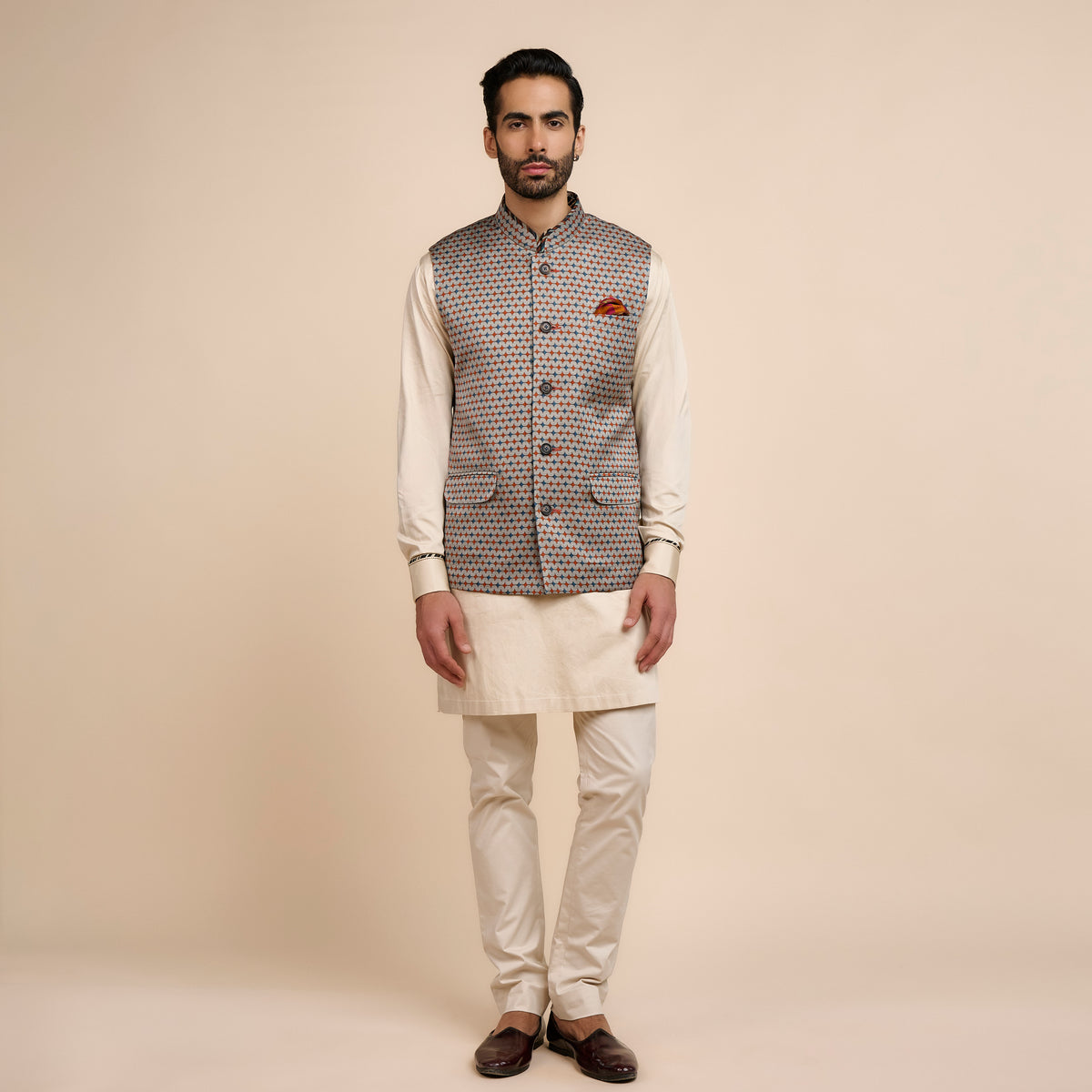 Printed Ivory Nehru Jacket | Festive Edit