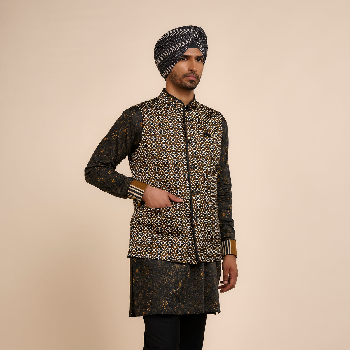 Noir Printed Nehru Jacket | Festive Edit