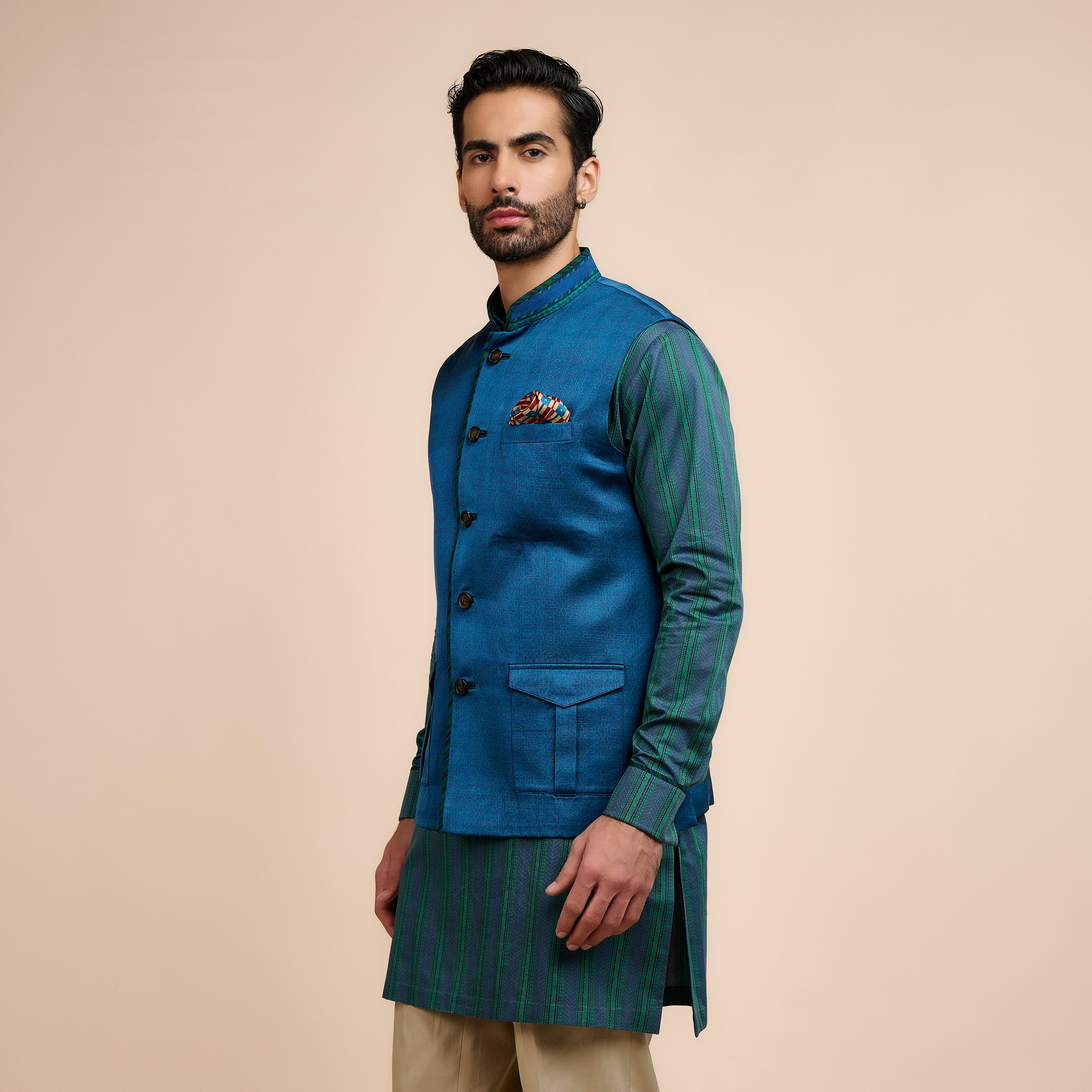 Navy Blue Printed Nehru Jacket | Nau