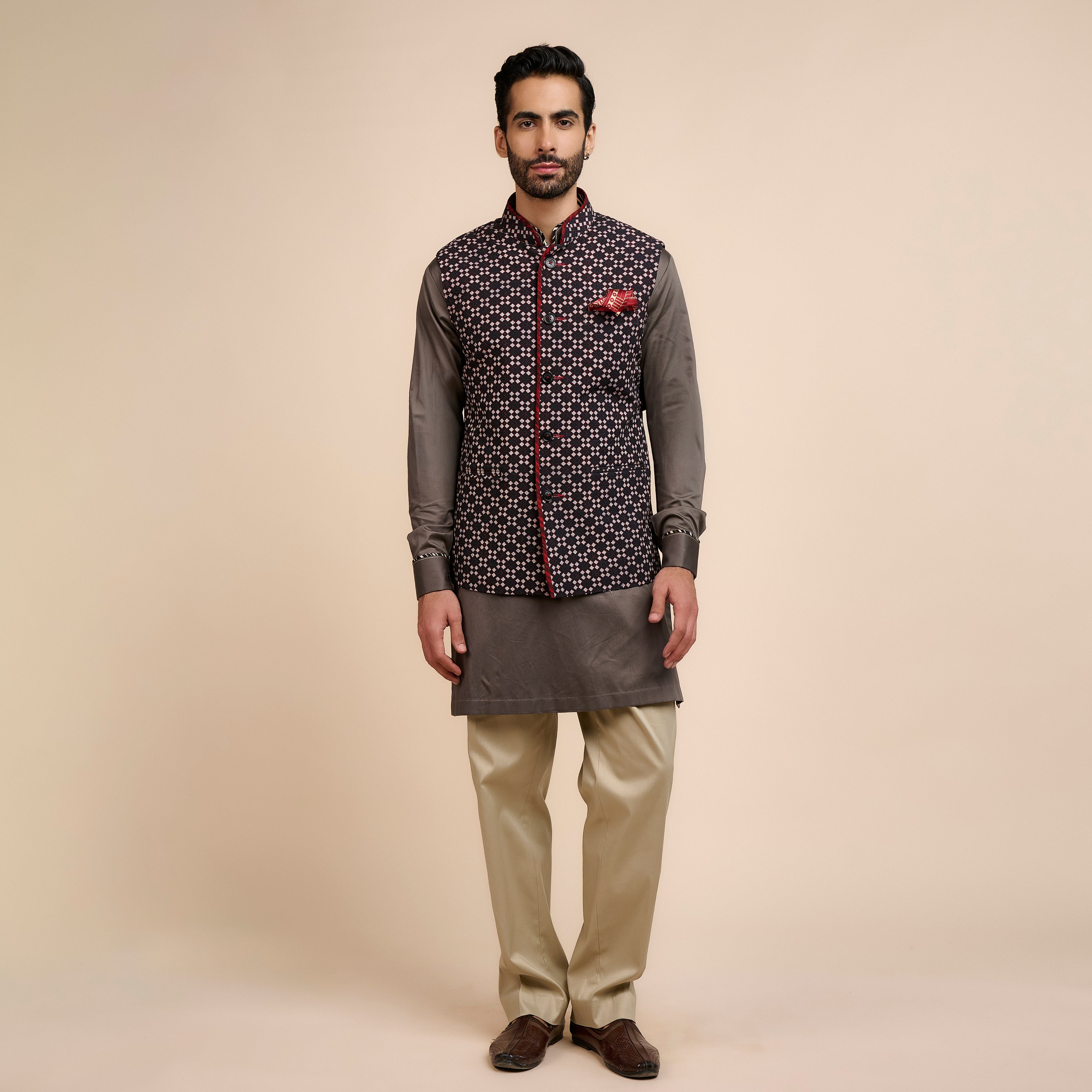 Noir Printed Nehru Jacket | Nau