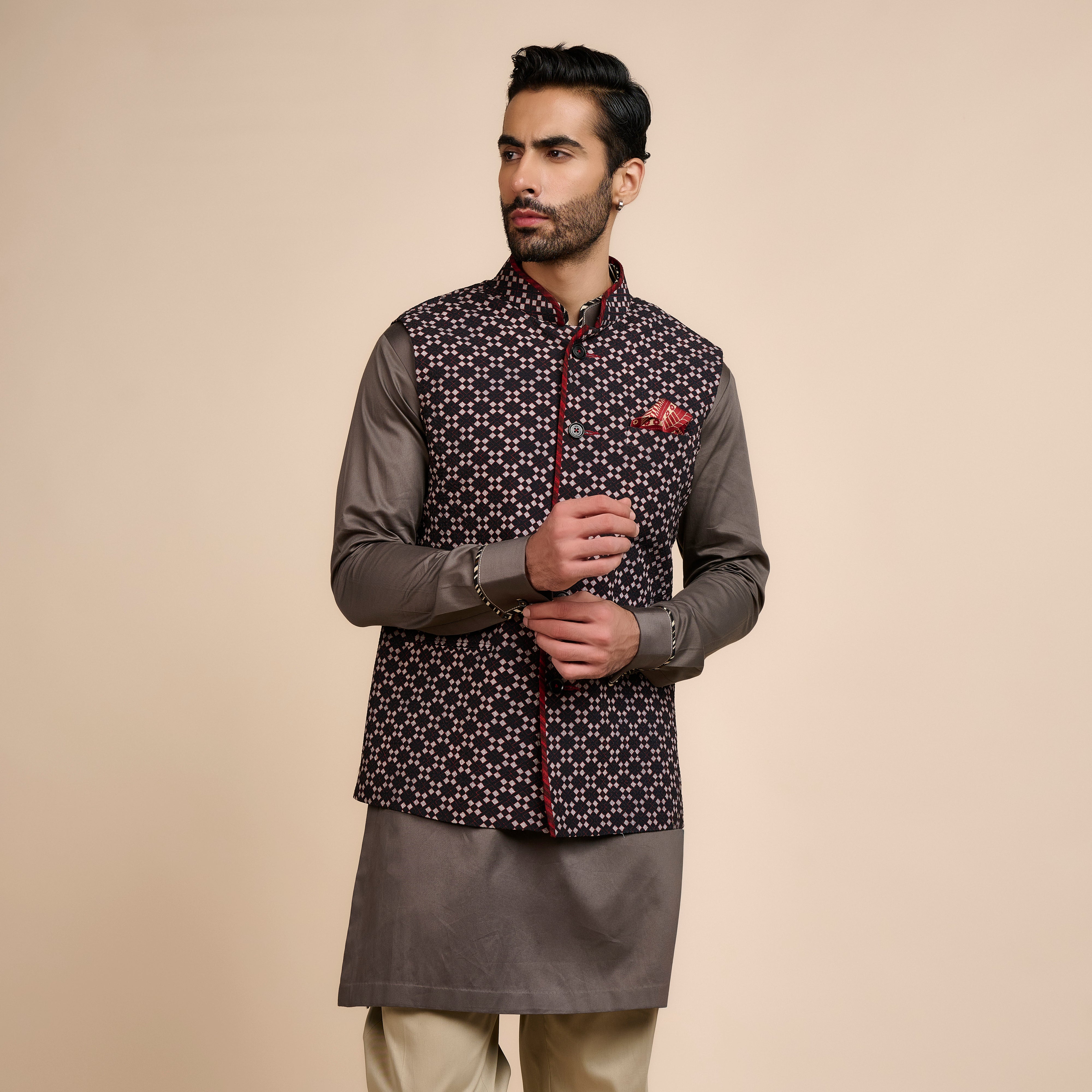 Noir Printed Nehru Jacket | Nau