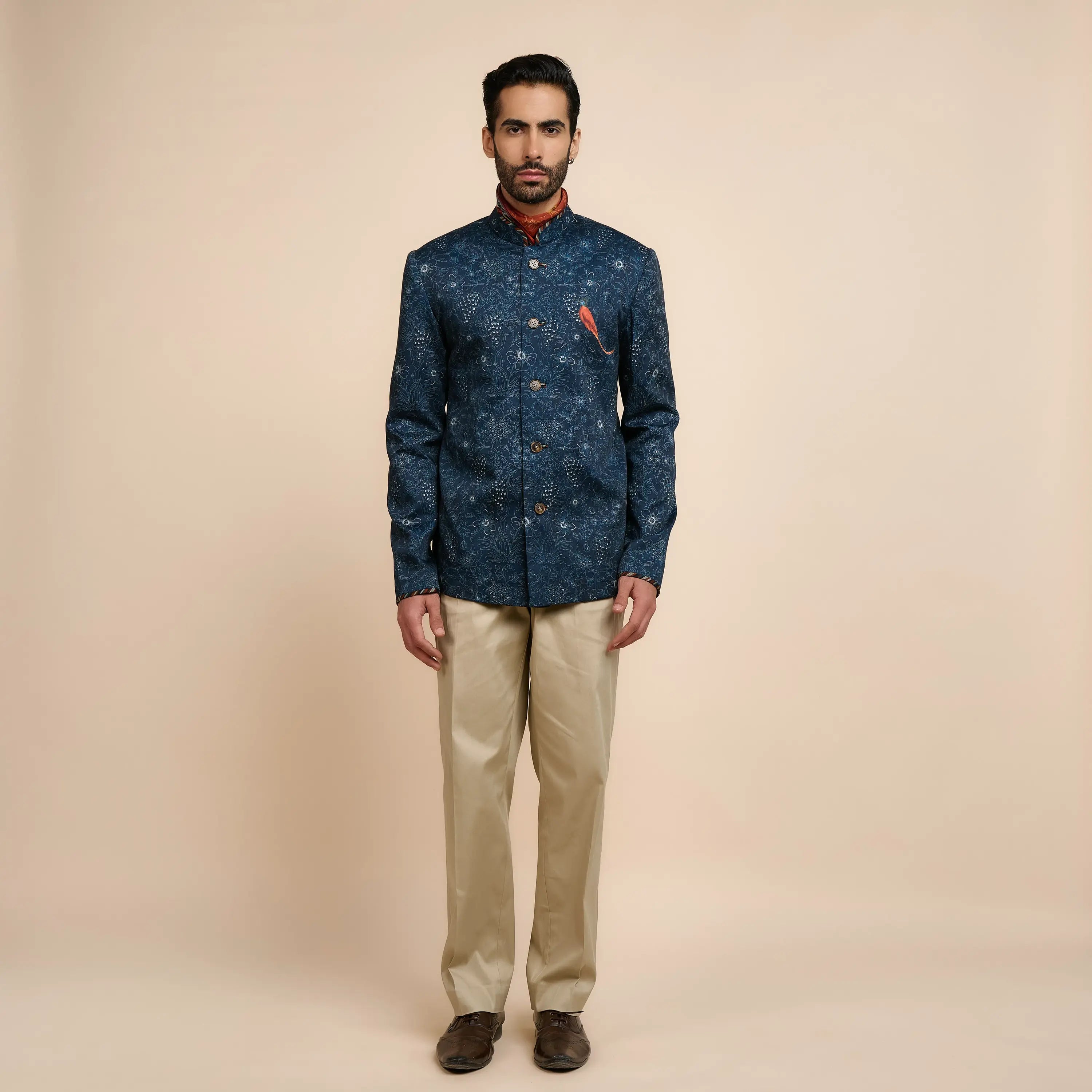 Marine Blue Printed Bandhgala | Nau