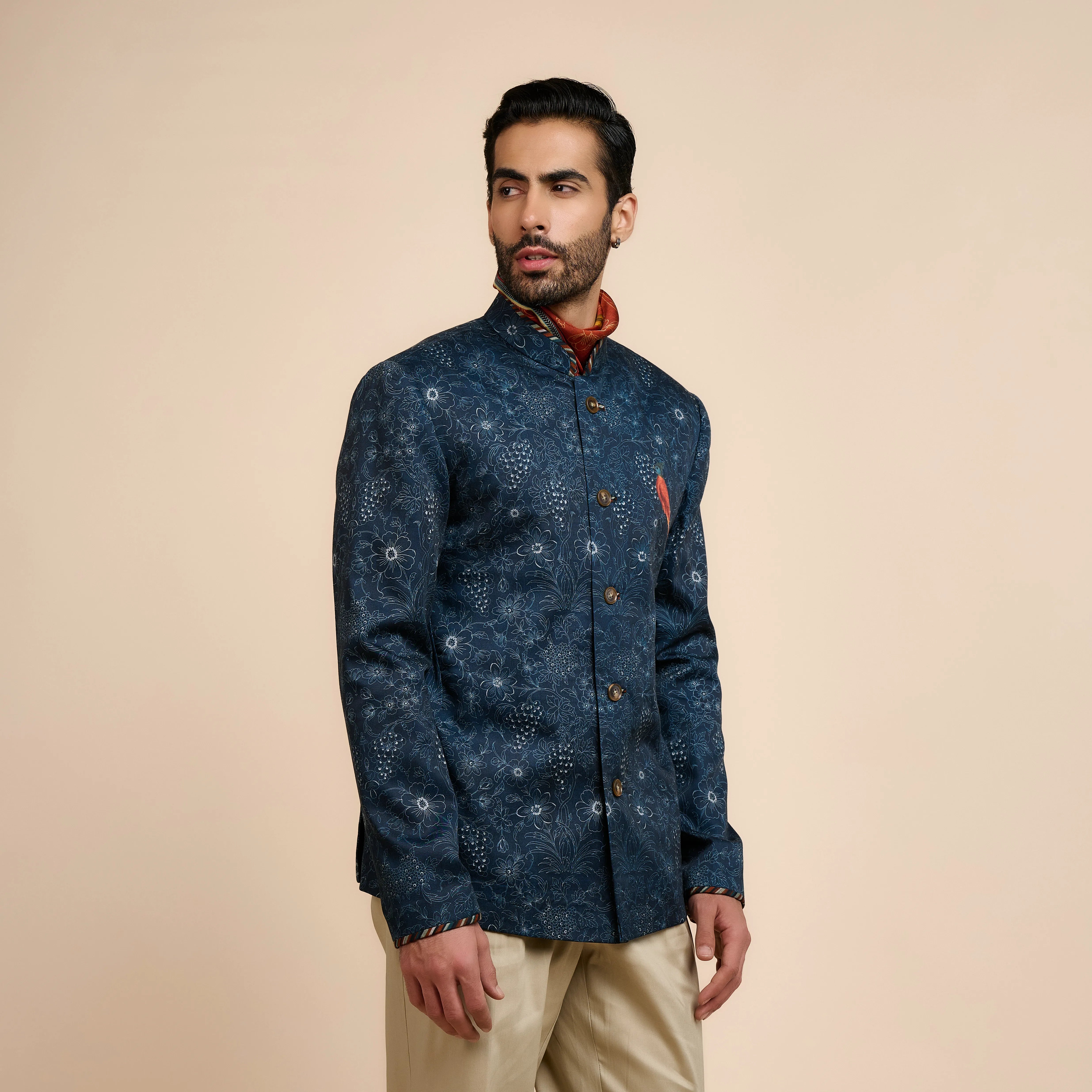 Marine Blue Printed Bandhgala | Nau