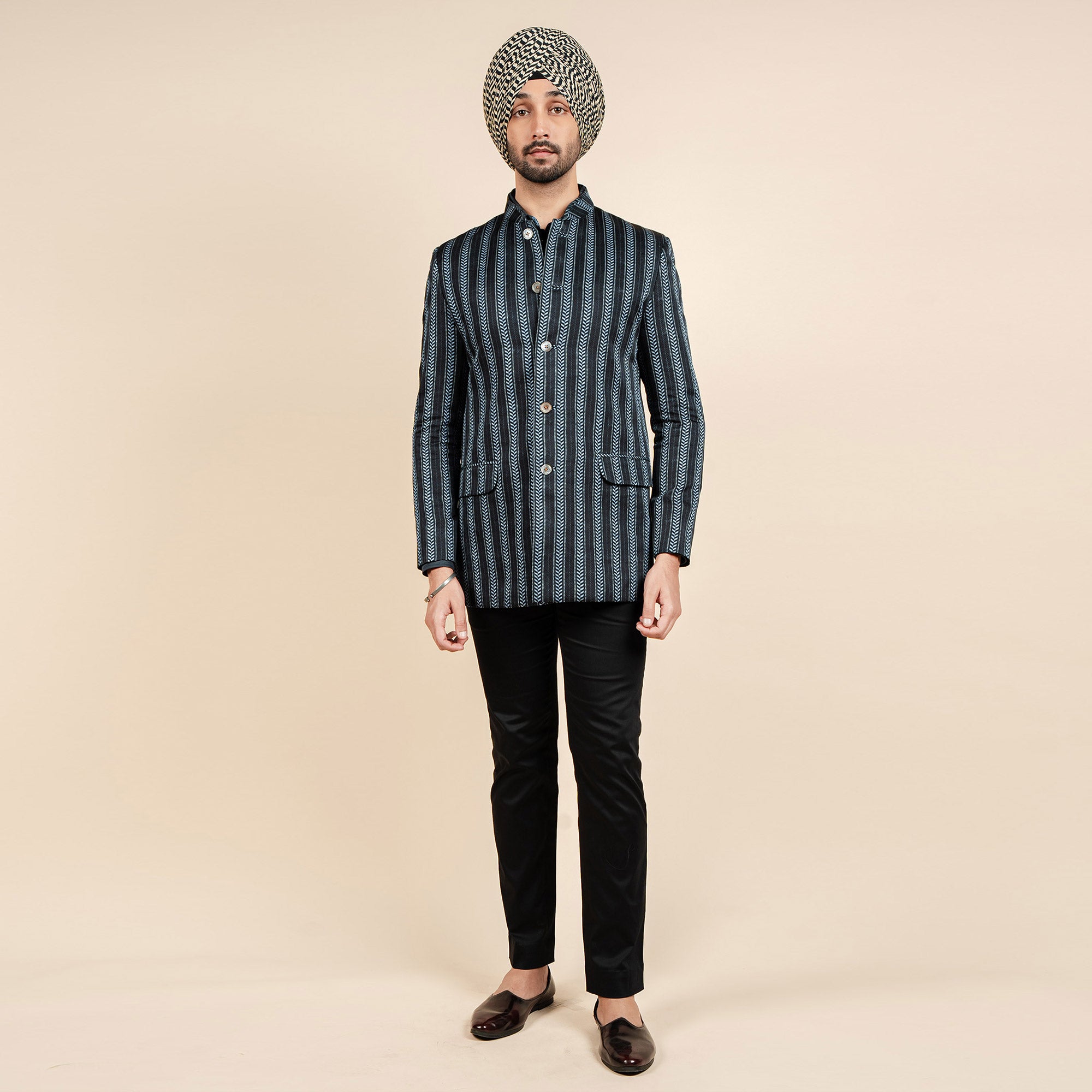 Midnight Blue Chevron Bandhgala | CHAR