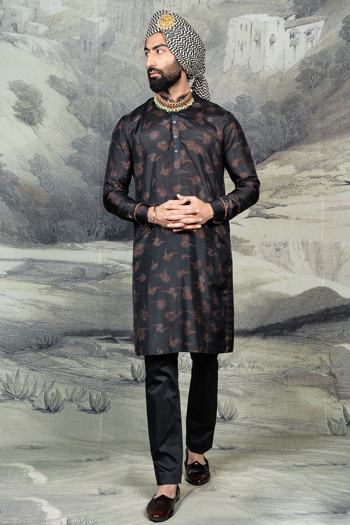 Midnight Blue - Coral Pink Kurta Set | BARODA