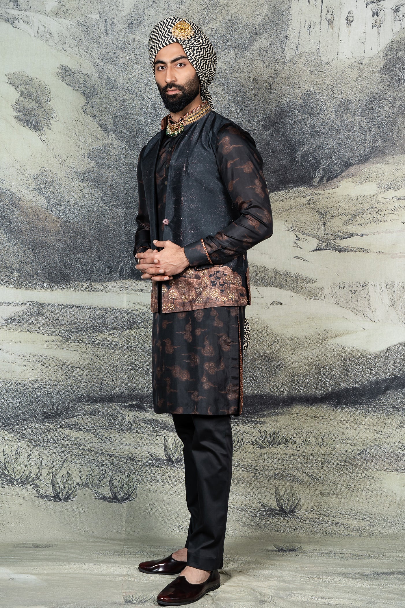 Midnight Blue - Coral Pink Nehru Jacket Set  | BARODA