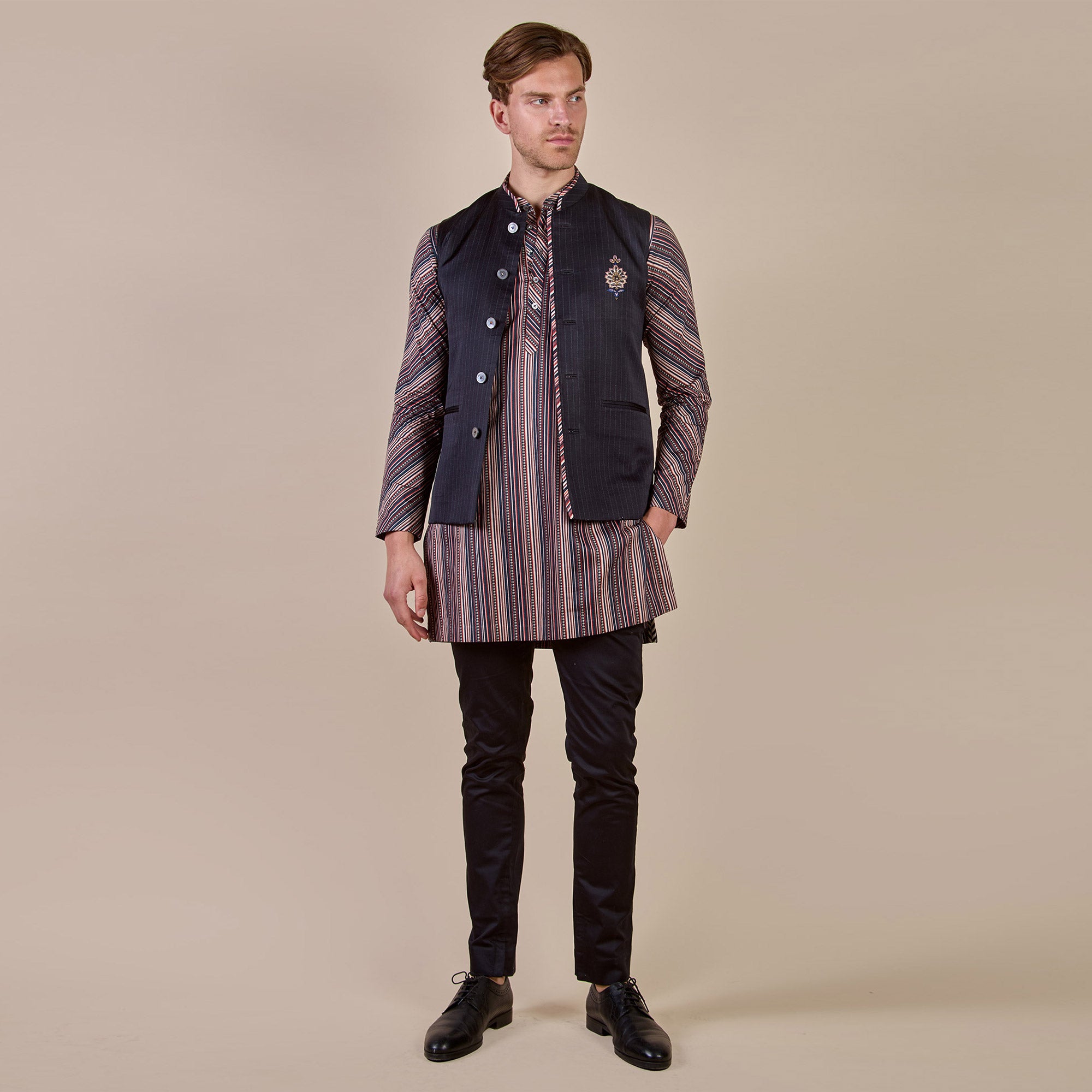 Midnight Blue Pin Striped Nehru Jacket | PANJ