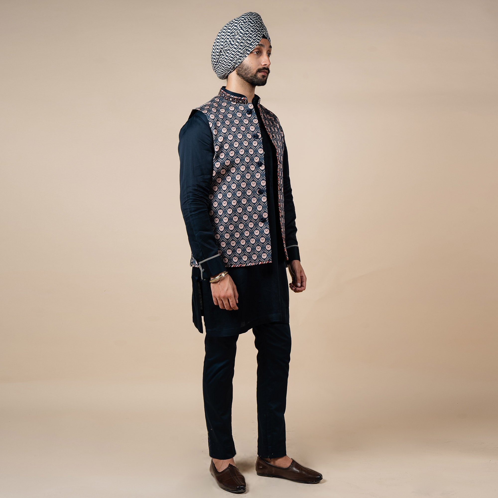 Midnight Blue Printed Nehru Jacket | PANJ