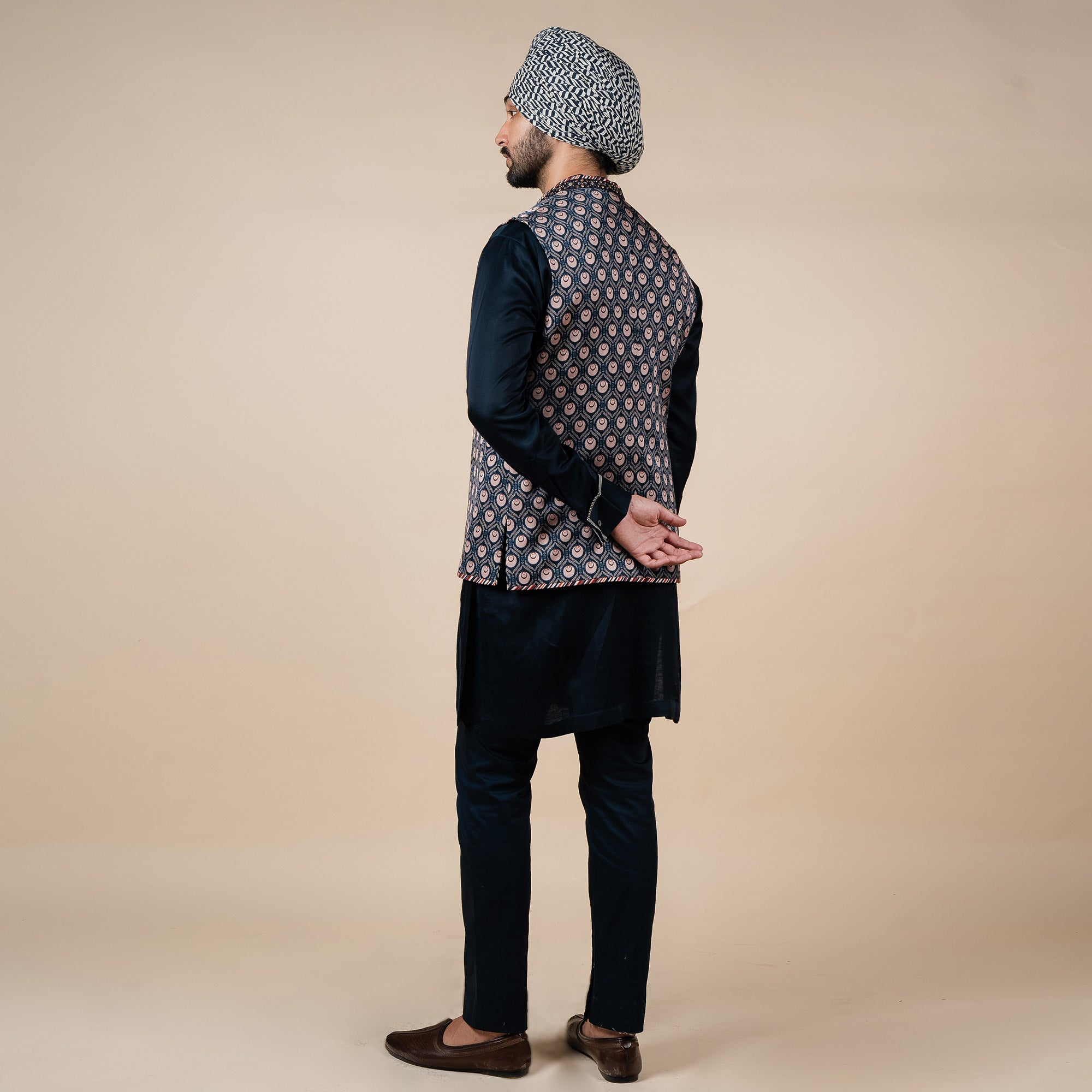 Midnight Blue Printed Nehru Jacket | PANJ