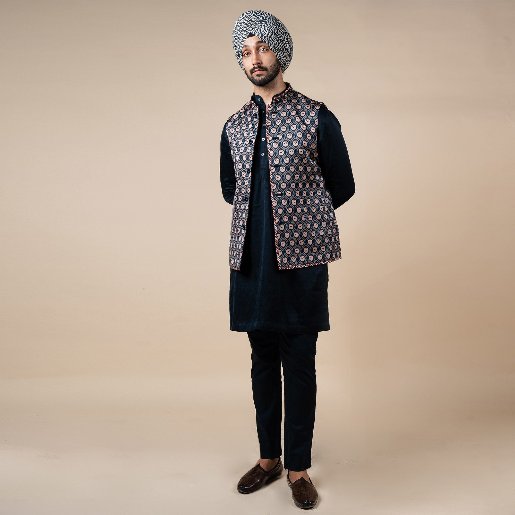 Midnight Blue Printed Nehru Jacket | PANJ