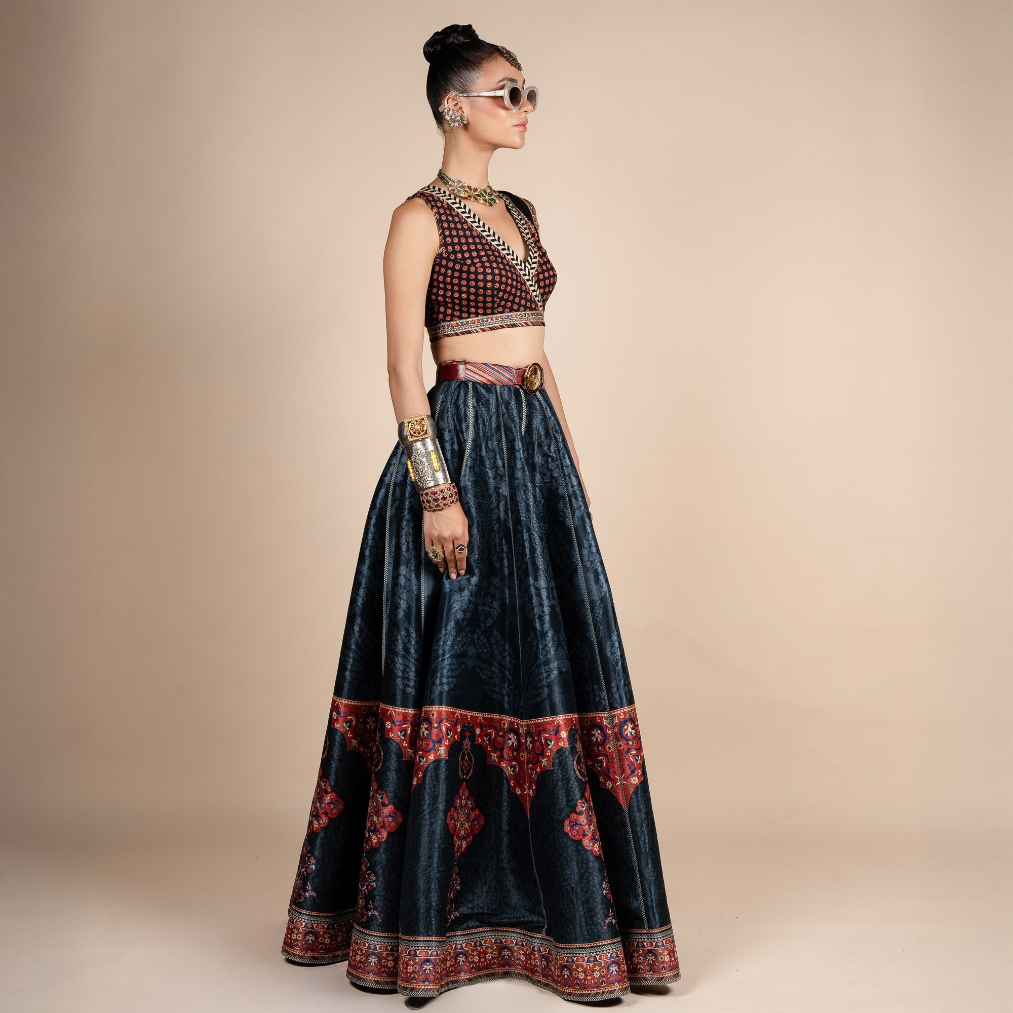 Midnight Blue Tonal Print Skirt Set | PANJ
