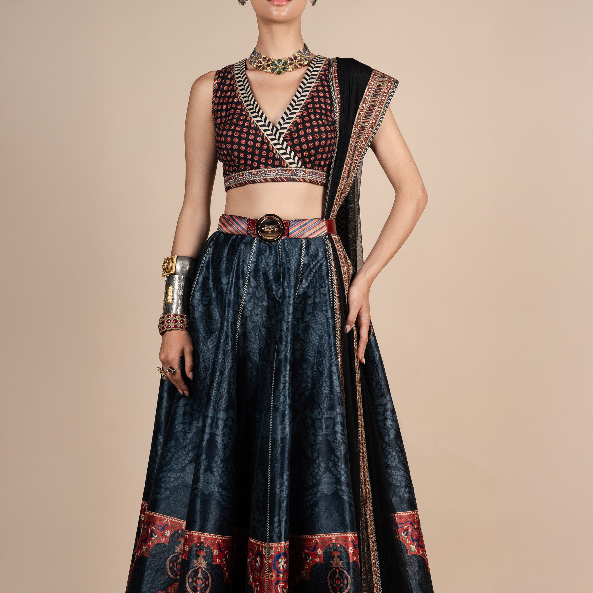 Midnight Blue Tonal Print Skirt Set | PANJ