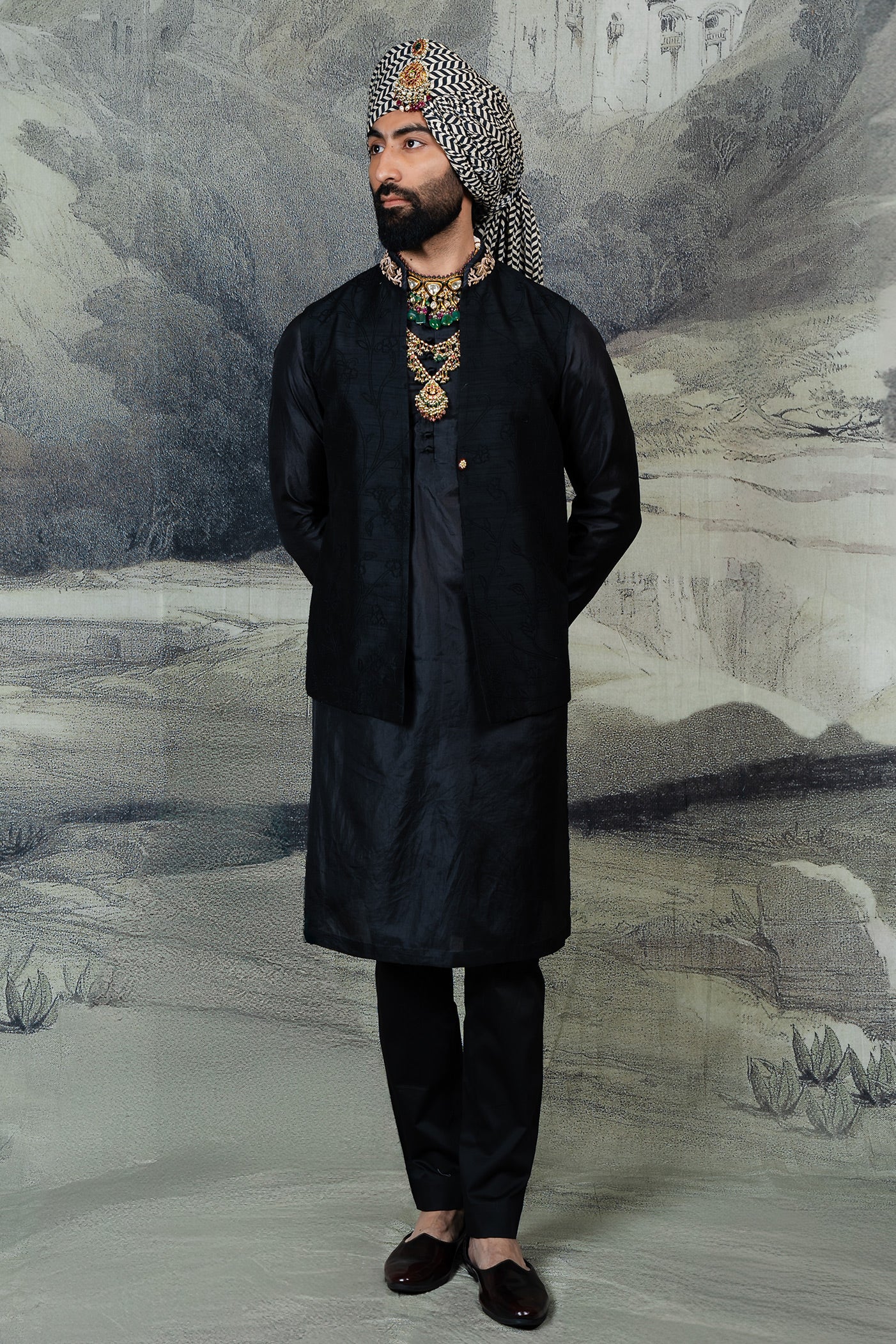 Monochrome Black Nehru Jacket Set | BARODA
