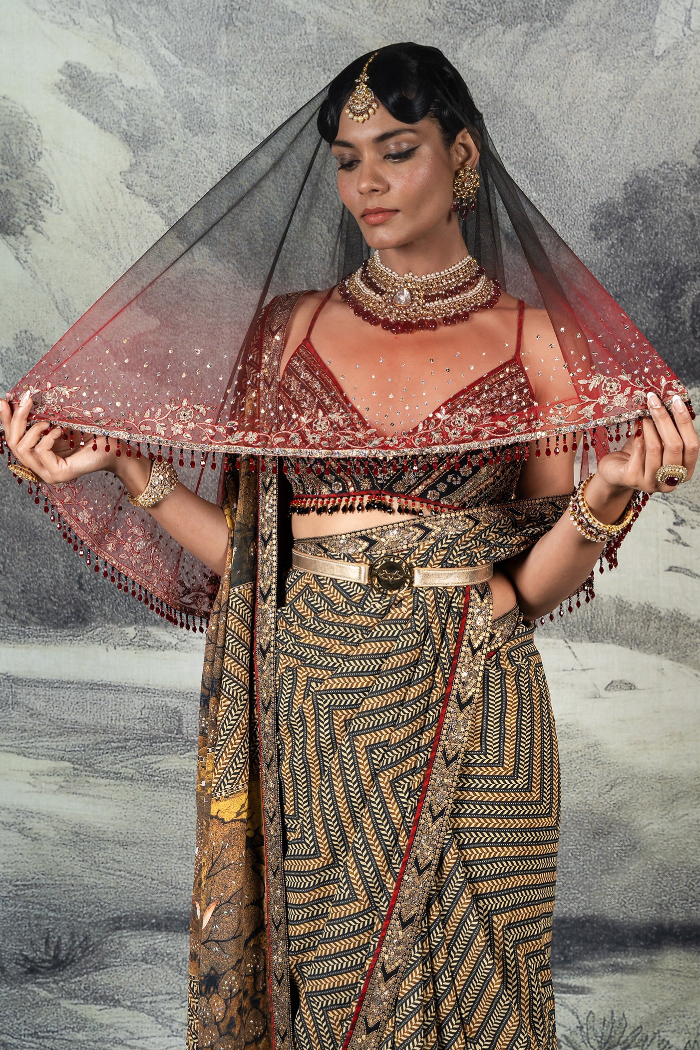 Multi-Hued Chevron Saree Set | BARODA