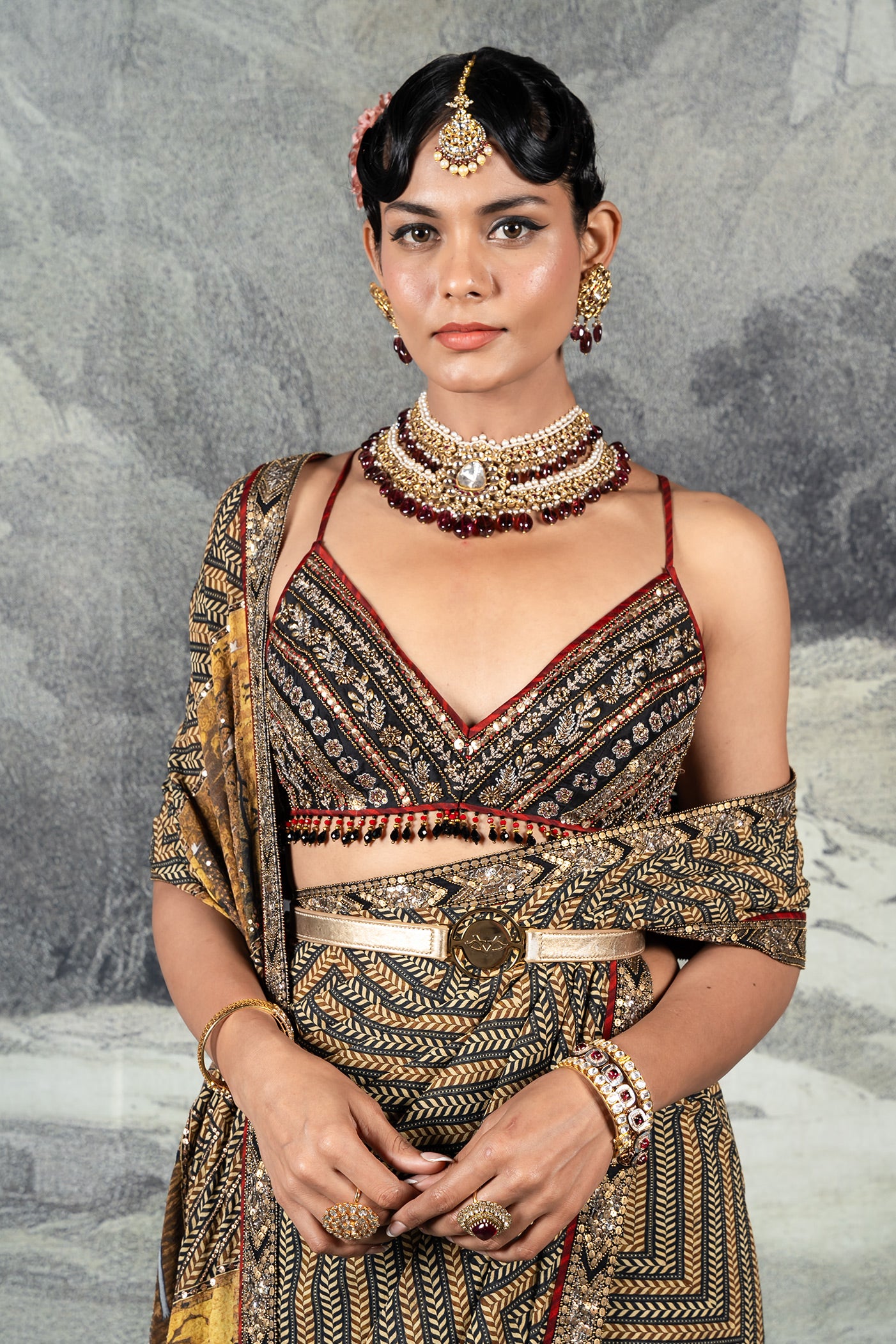 Multi-Hued Chevron Saree Set | BARODA
