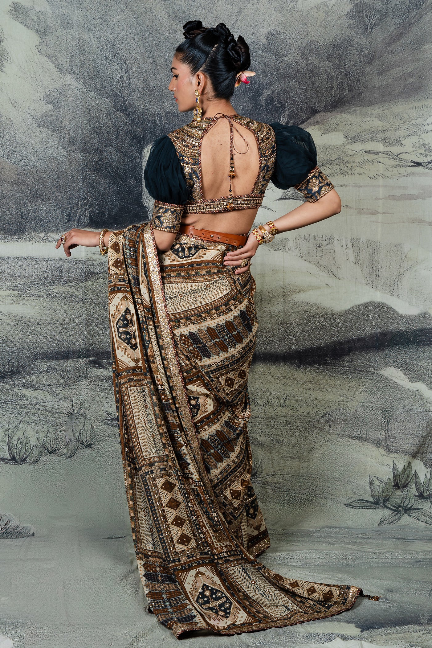 Navy Blue - Multi-Hued Saree Set | BARODA