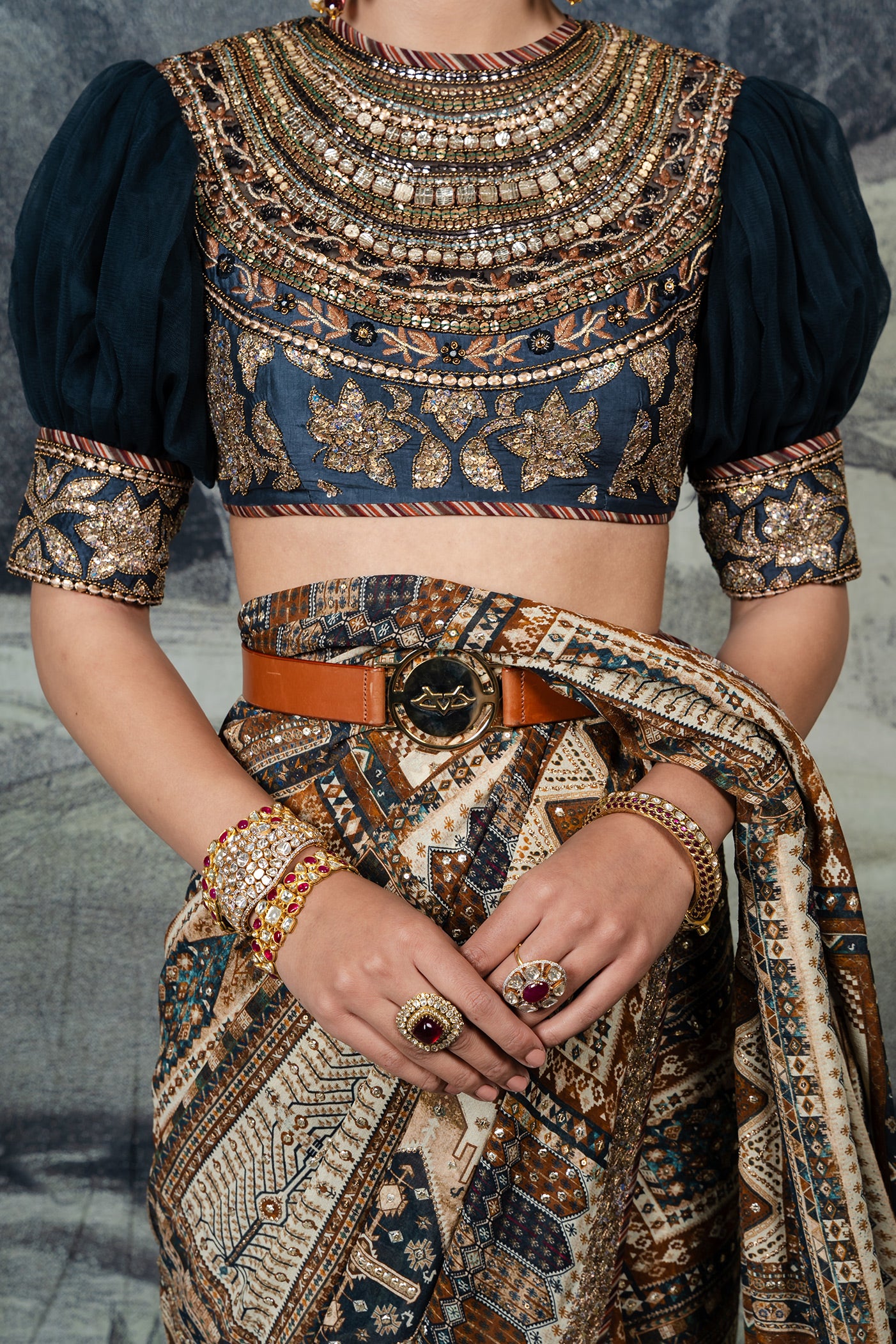Navy Blue - Multi-Hued Saree Set | BARODA