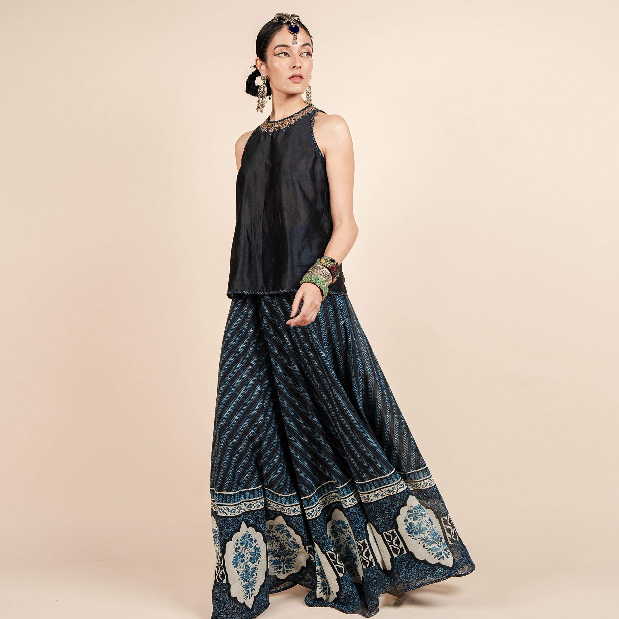 Navy Blue Printed Sharara Set | CHAR