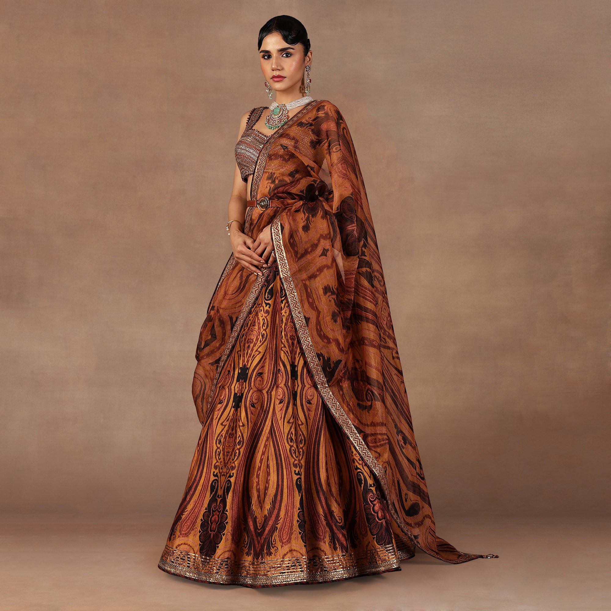 Ochre Mustard Jamawar Skirt Set | EAST