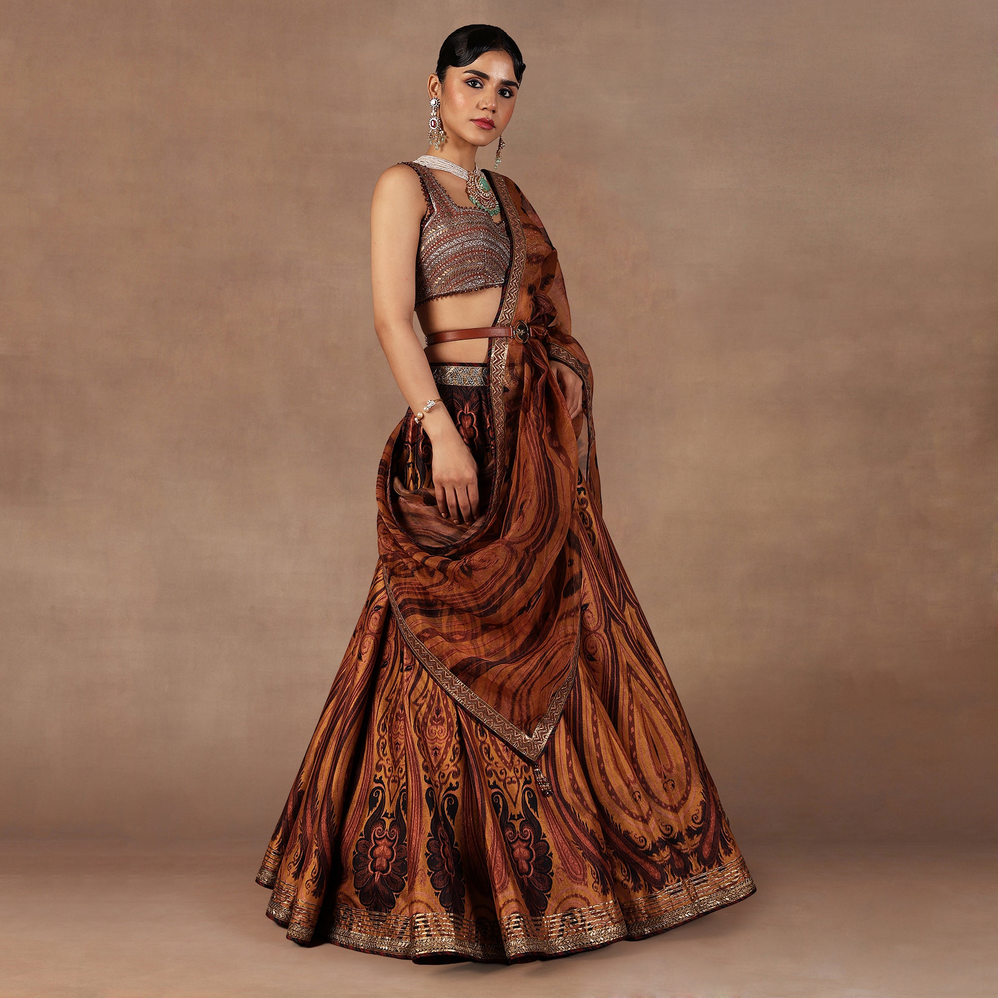 Ochre Mustard Jamawar Skirt Set | EAST