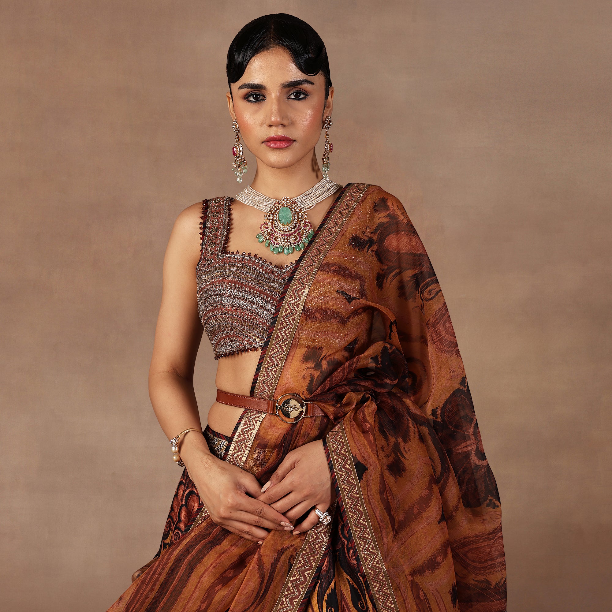 Ochre Mustard Jamawar Skirt Set | EAST